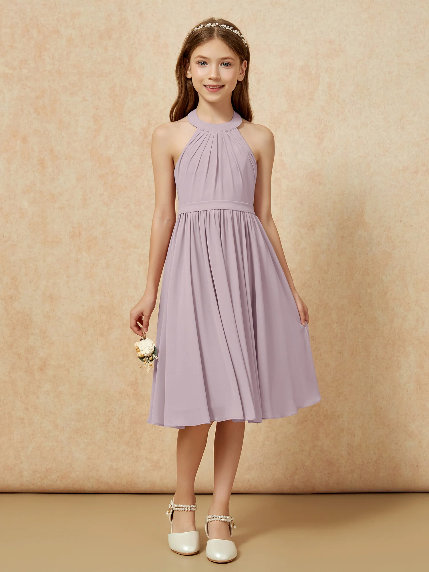 Grecian Neck Knee-length Chiffon Junior Bridesmaid Dress Dusk - Image 4