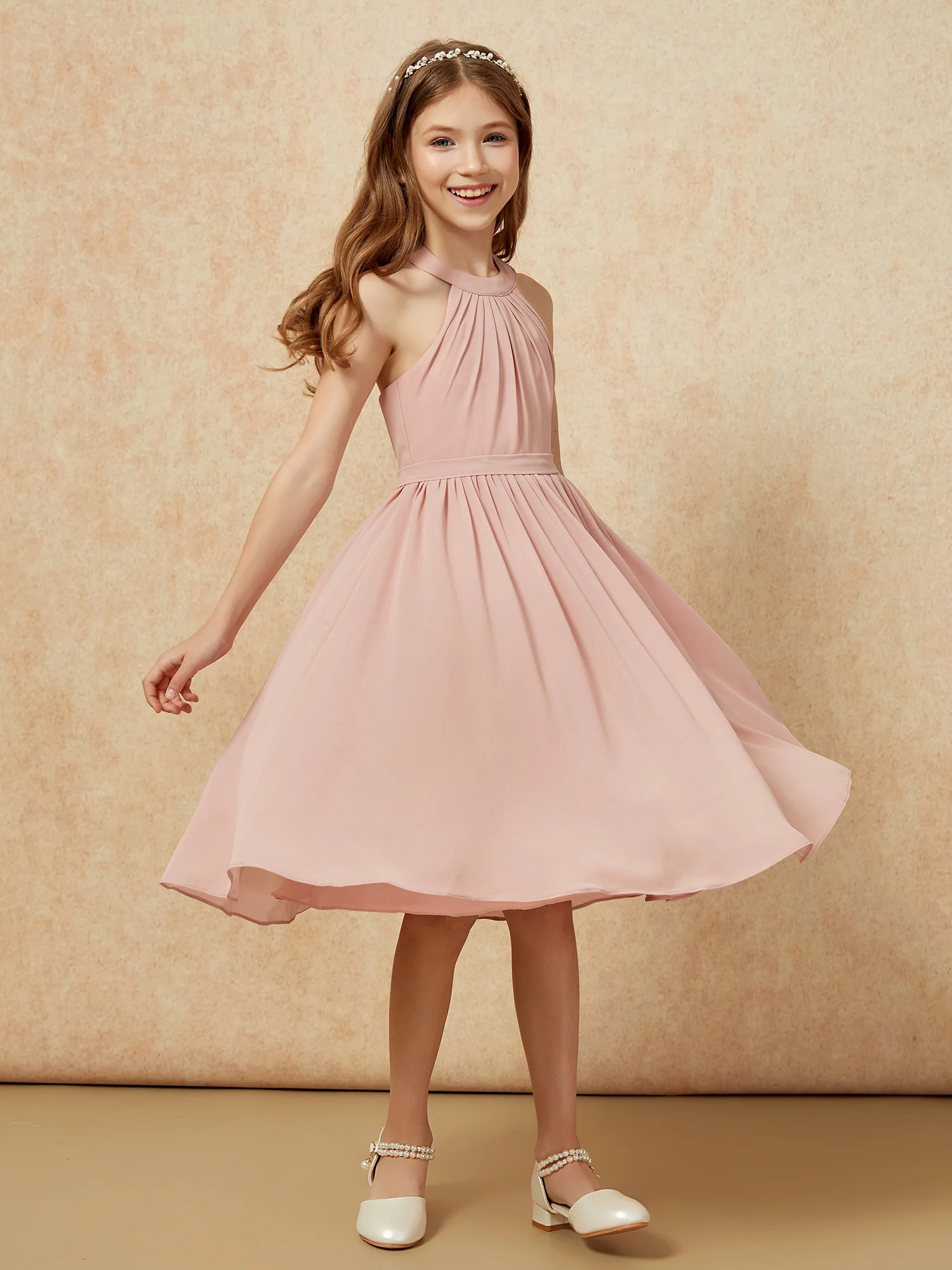 Grecian Neck Knee-length Chiffon Junior Bridesmaid Dress Dusty Rose - Image 3