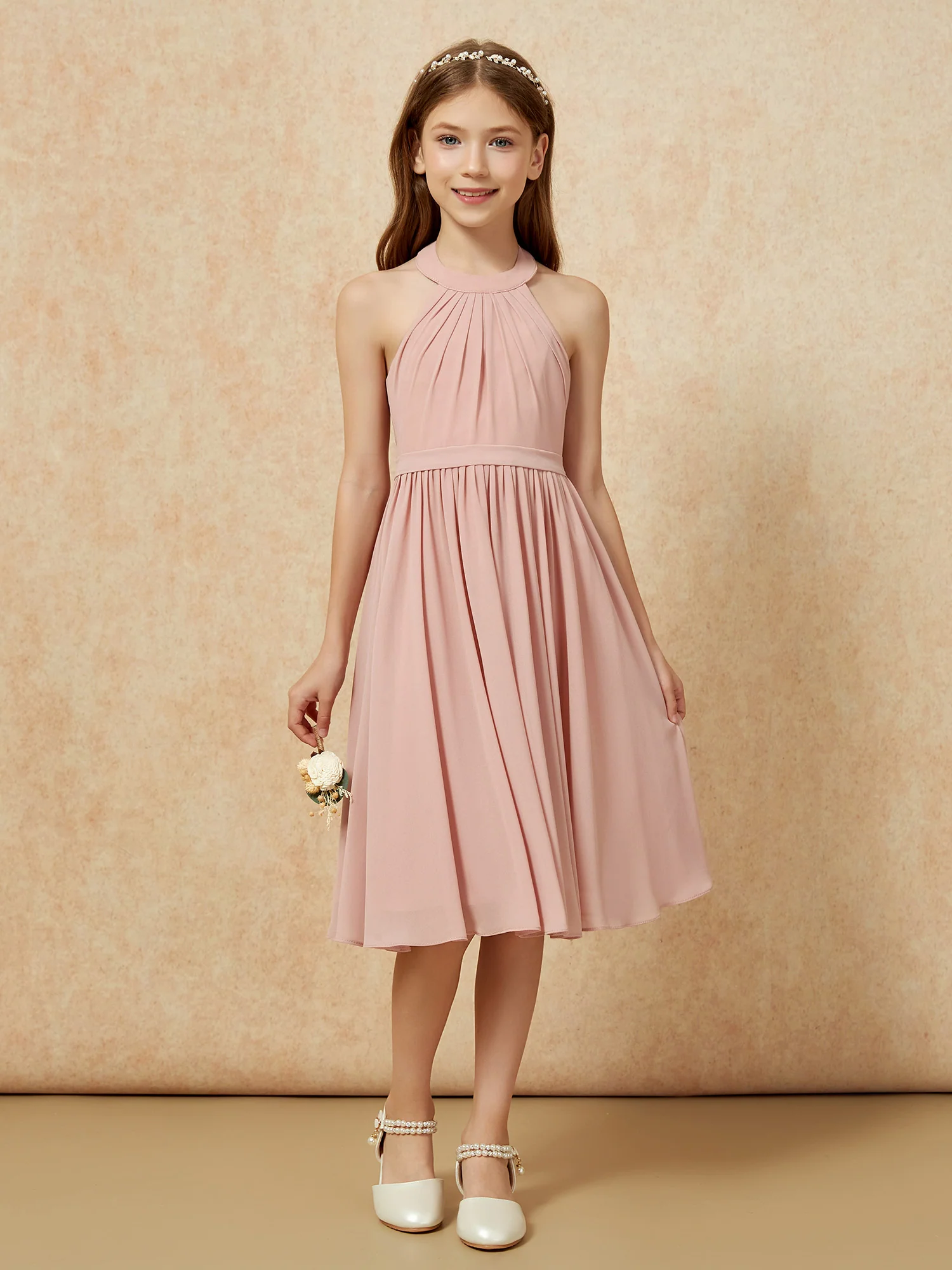 Grecian Neck Knee-length Chiffon Junior Bridesmaid Dress Dusty Rose - Image 4