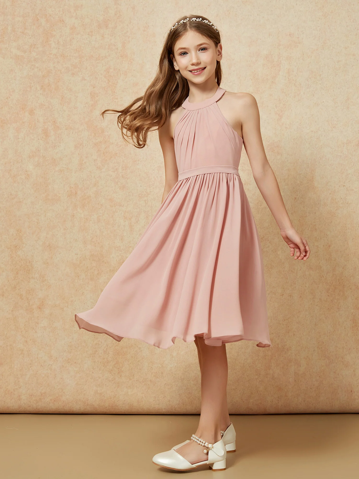 Grecian Neck Knee-length Chiffon Junior Bridesmaid Dress Dusty Rose - Image 5