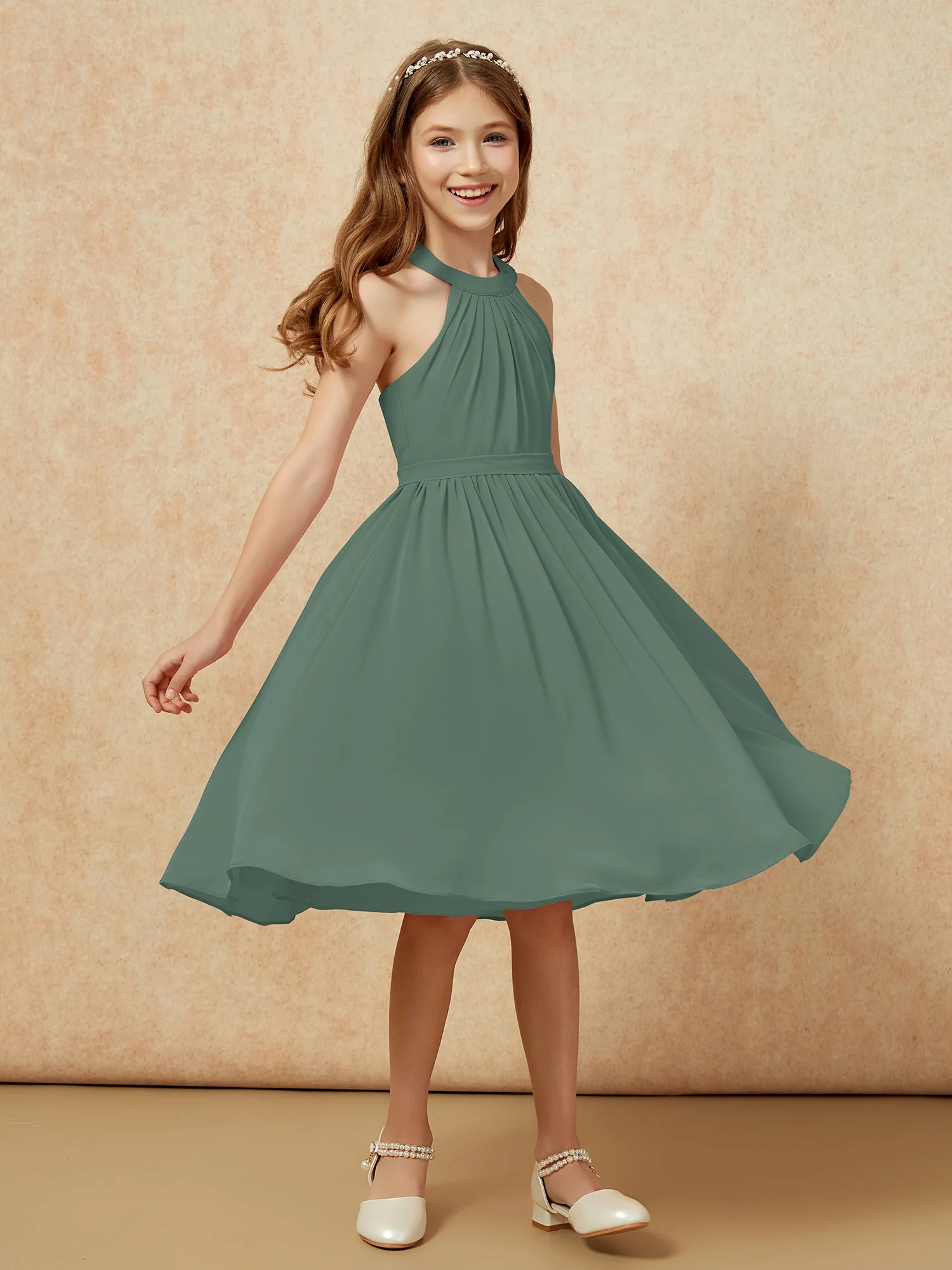 Grecian Neck Knee-length Chiffon Junior Bridesmaid Dress Eucalyptus - Image 3