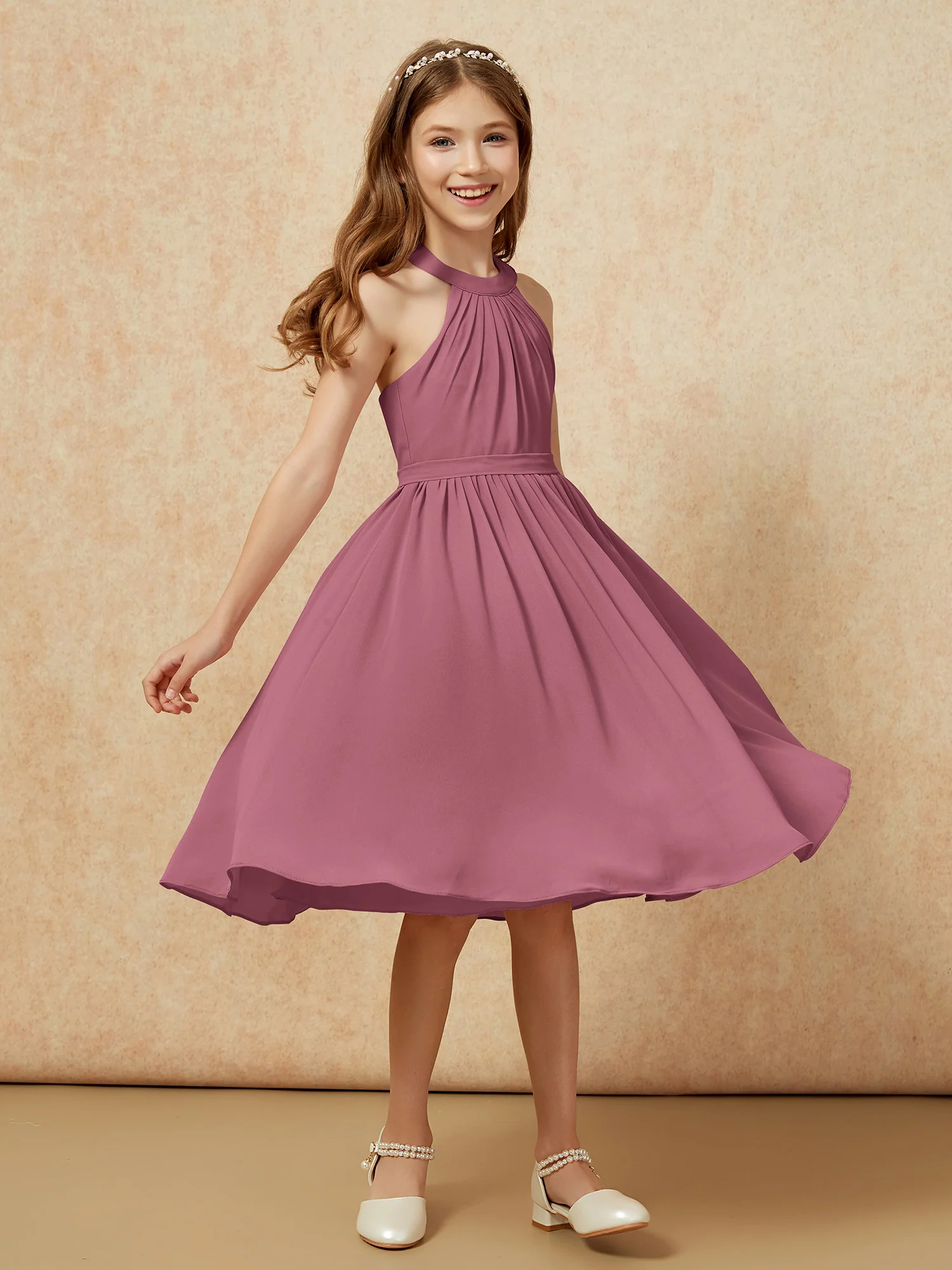 Grecian Neck Knee-length Chiffon Junior Bridesmaid Dress Mulberry - Image 3