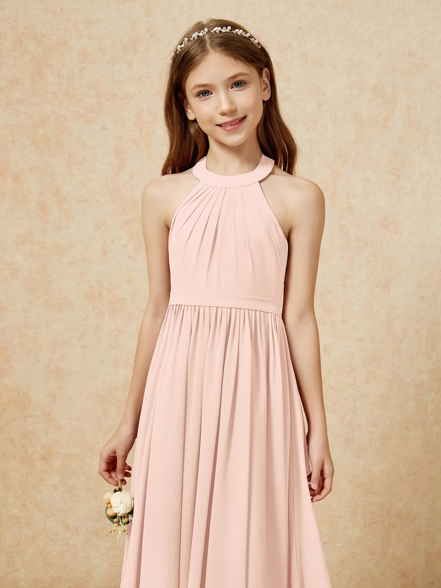 Grecian Neck Knee-length Chiffon Junior Bridesmaid Dress Pearl Pink - Image 6