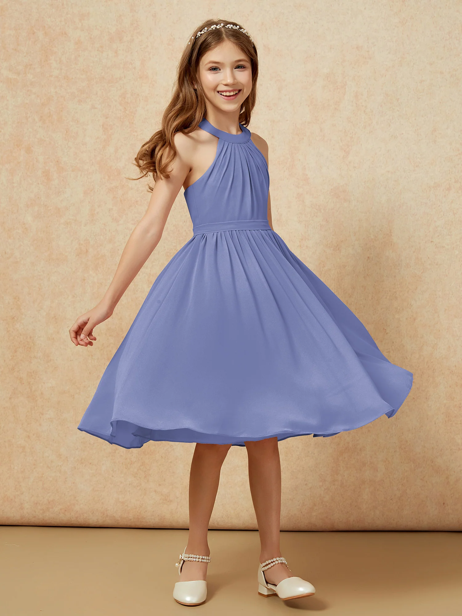 Grecian Neck Knee-length Chiffon Junior Bridesmaid Dress Periwinkle - Image 3