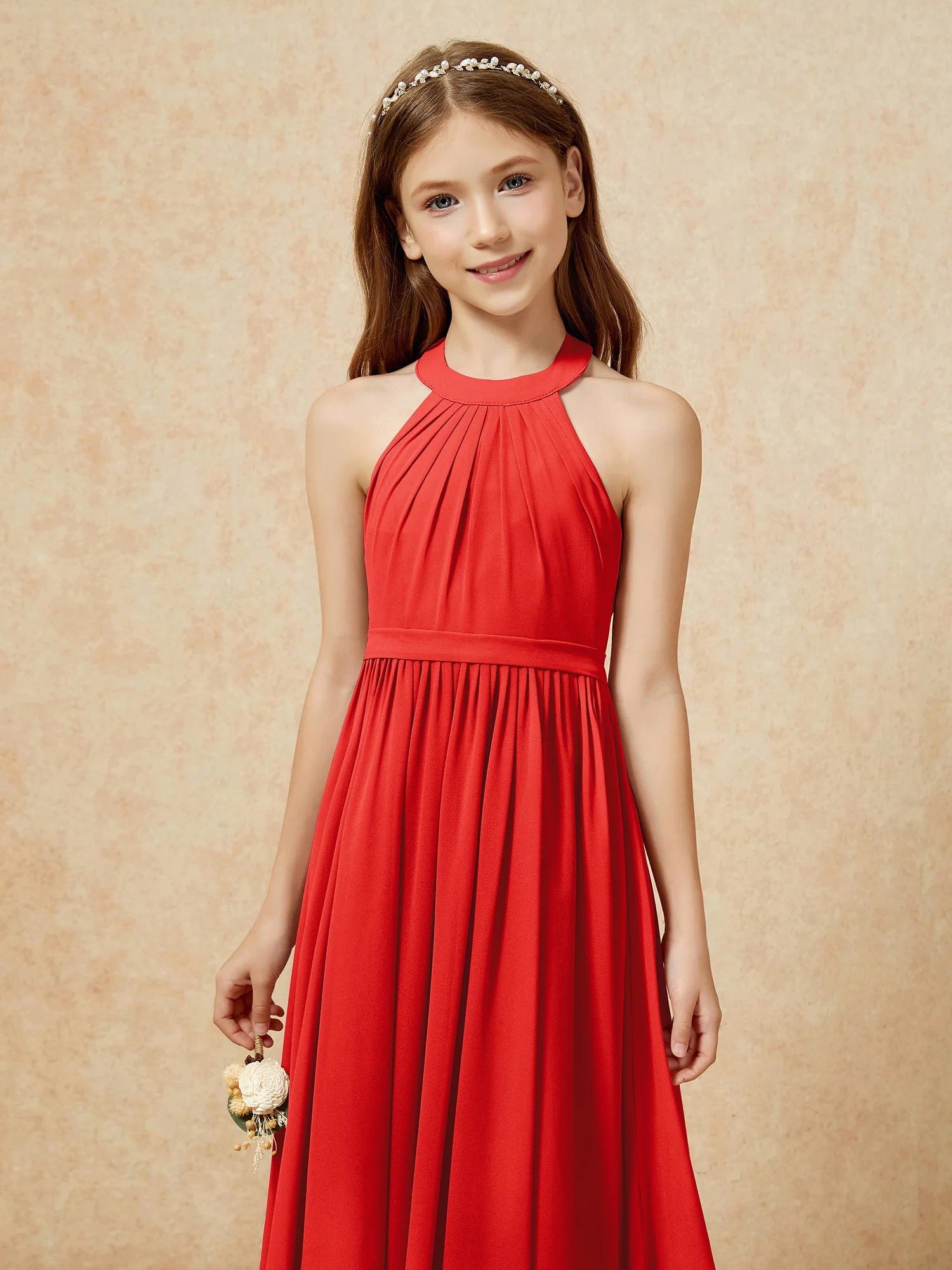 Grecian Neck Knee-length Chiffon Junior Bridesmaid Dress Red - Image 6