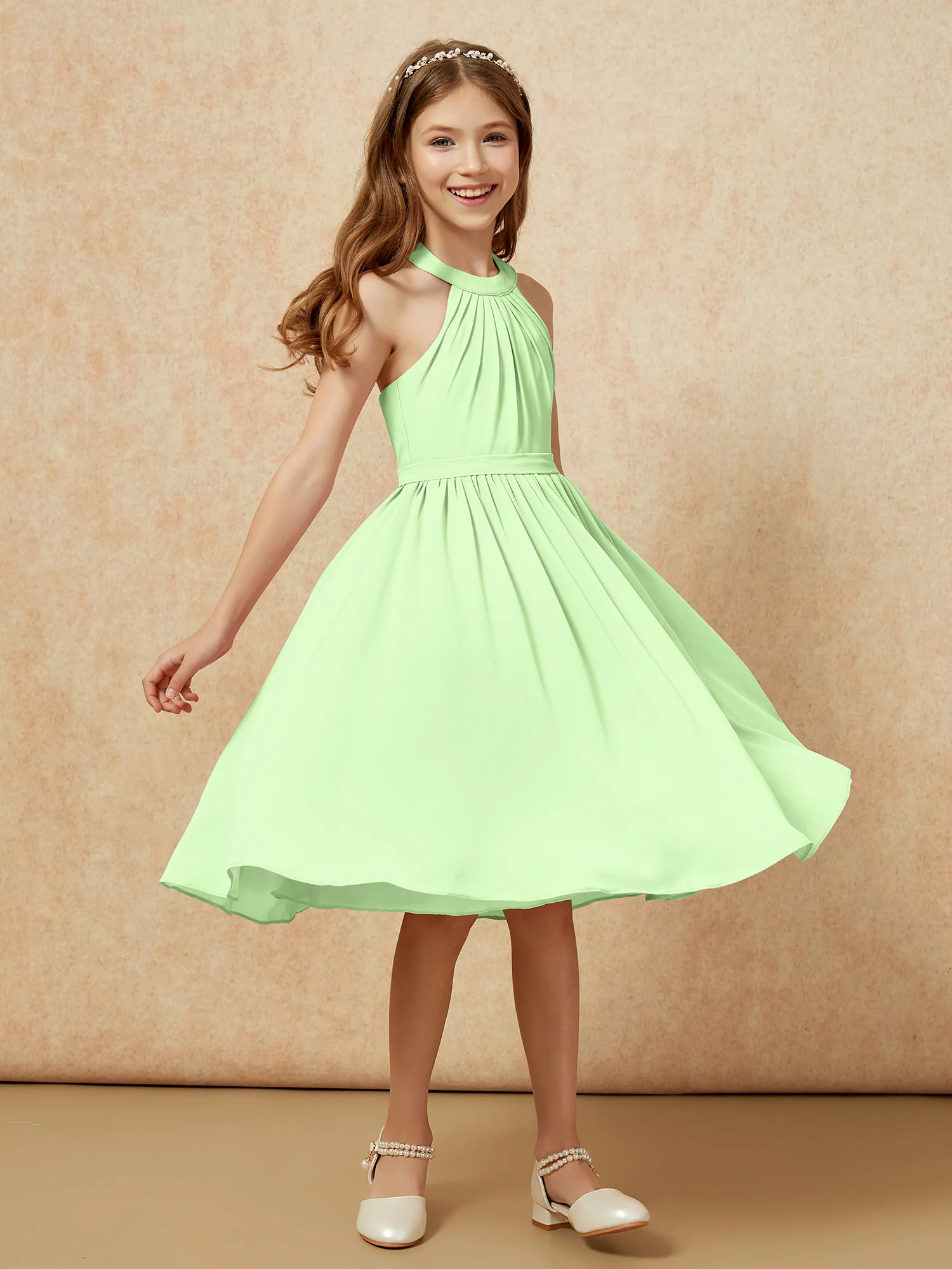 Grecian Neck Knee-length Chiffon Junior Bridesmaid Dress Sage - Image 3
