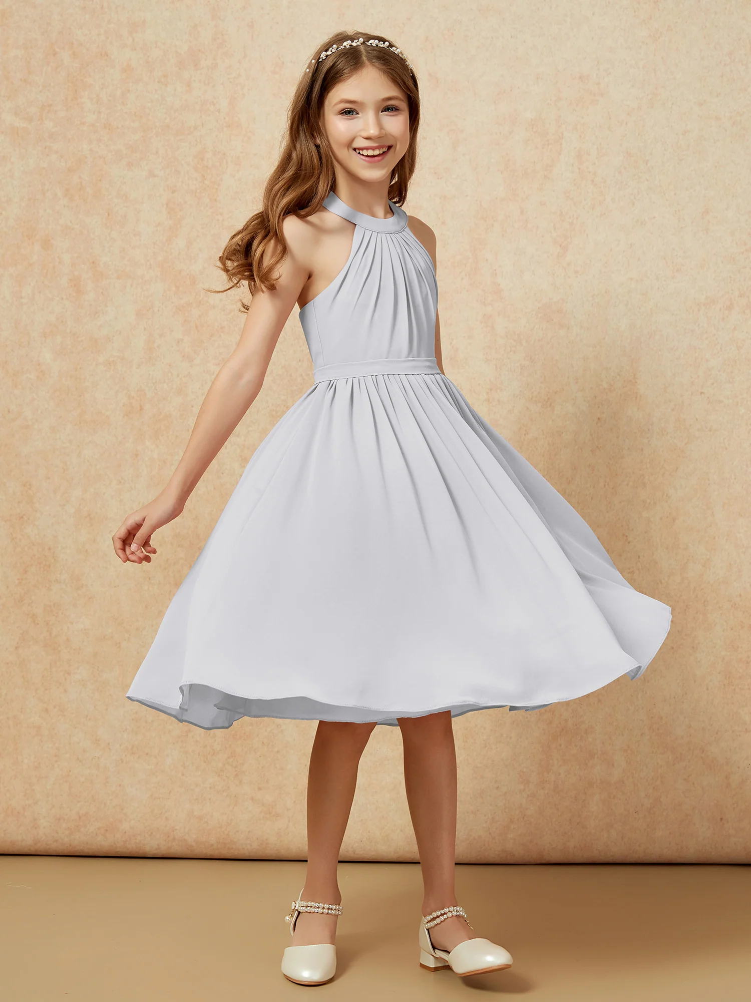 Grecian Neck Knee-length Chiffon Junior Bridesmaid Dress Silver - Image 3