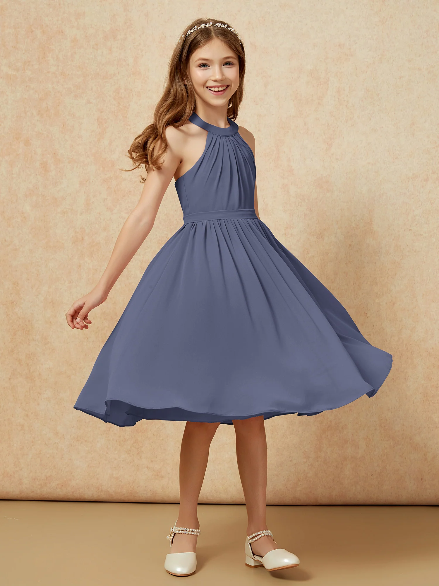 Grecian Neck Knee-length Chiffon Junior Bridesmaid Dress Stormy - Image 3