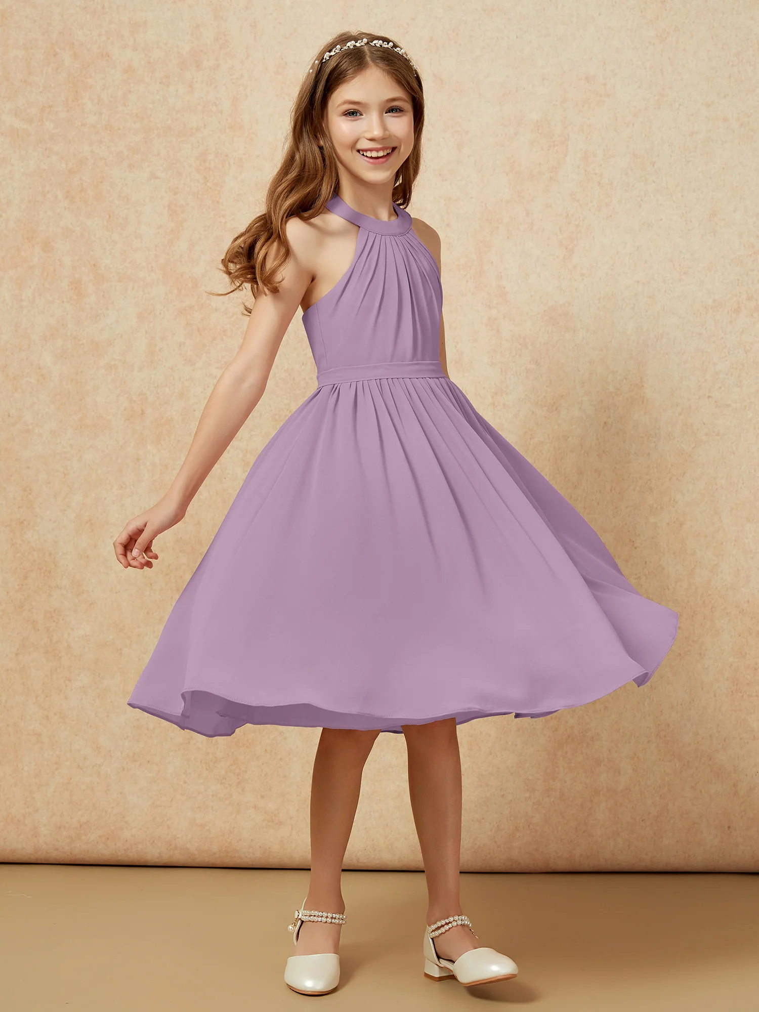 Grecian Neck Knee-length Chiffon Junior Bridesmaid Dress Wisteria - Image 3