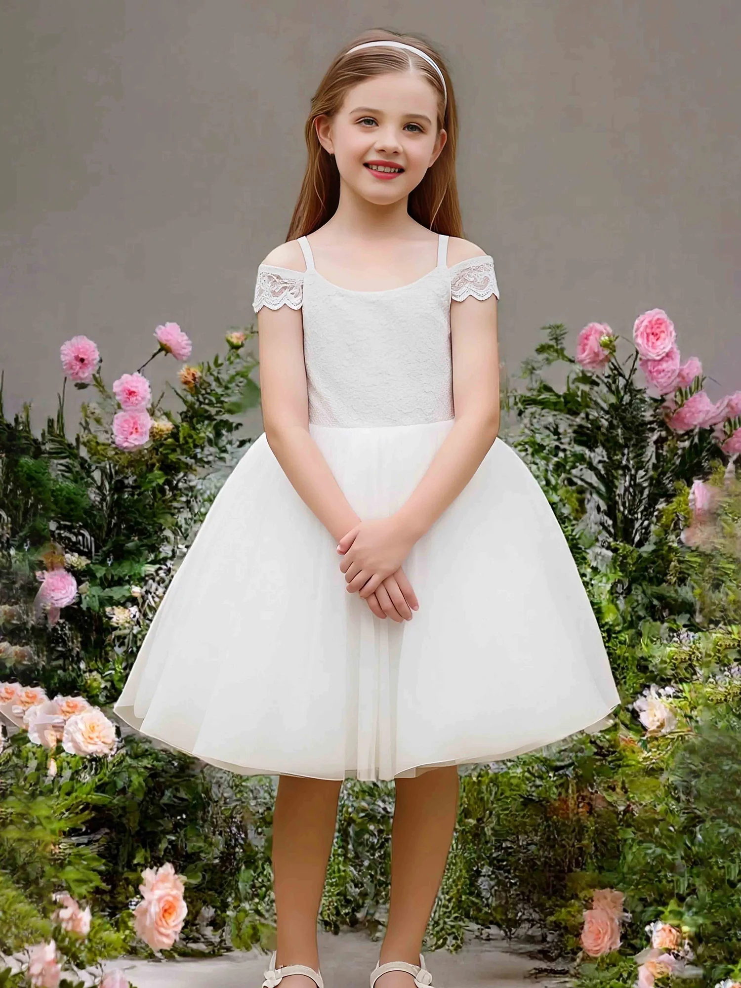 Lace Bodice Off-Shoulder Tulle Flower Girl Dress Ivory