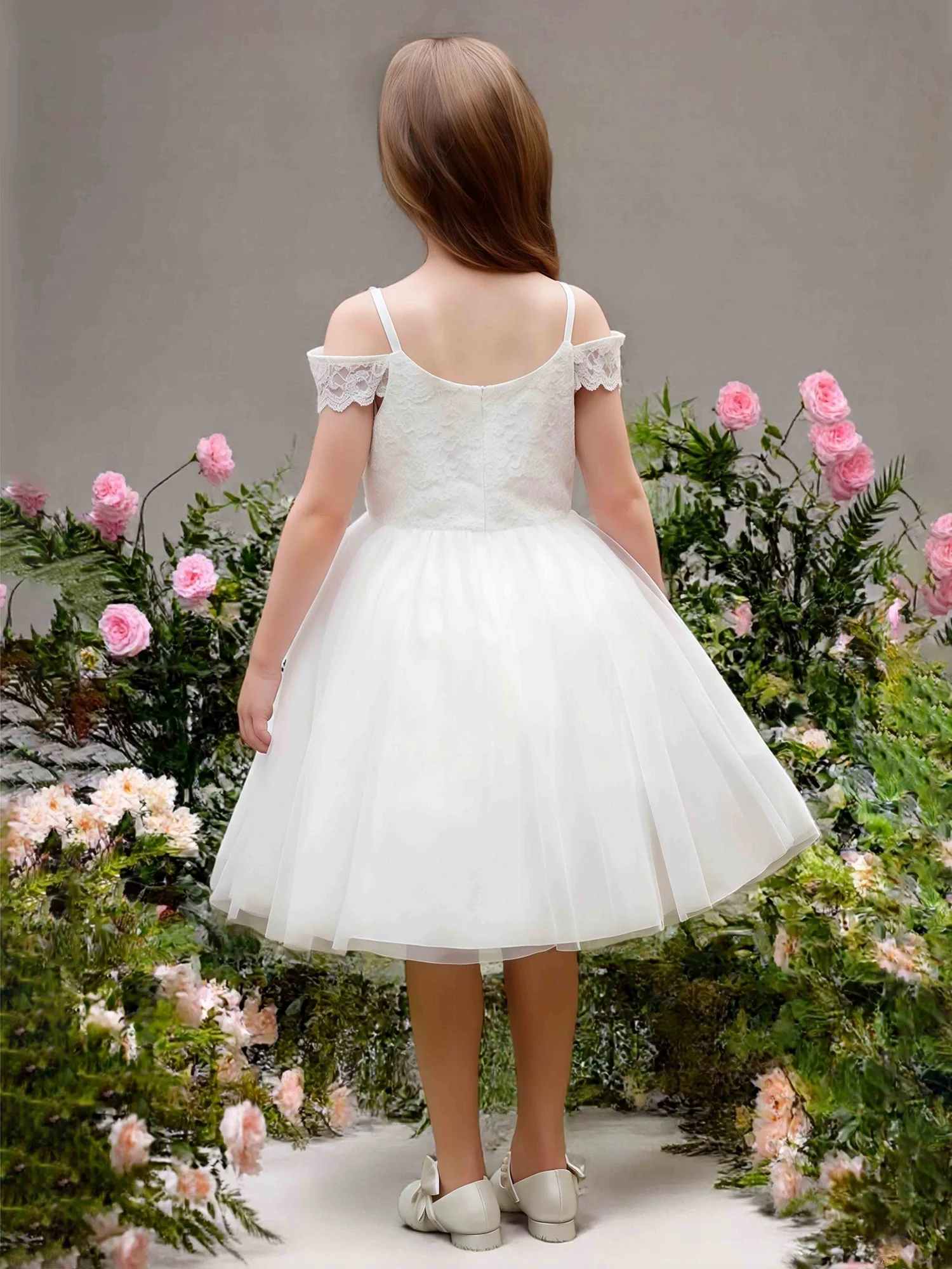 Lace Bodice Off-Shoulder Tulle Flower Girl Dress Ivory - Image 2