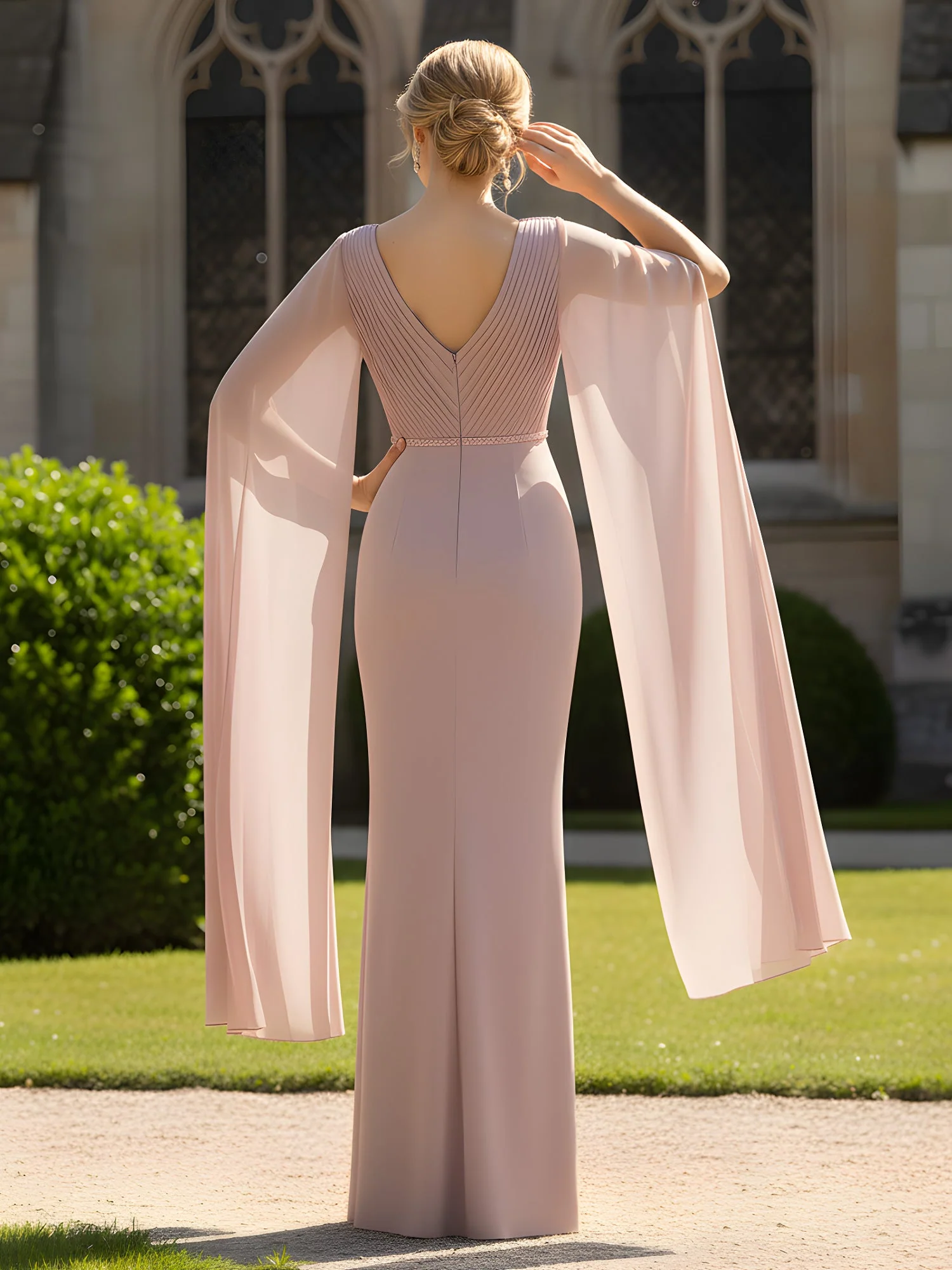 Pleated V-Neck Gown with Dramatic Long Cape Sleeves Dark Green - Image 2