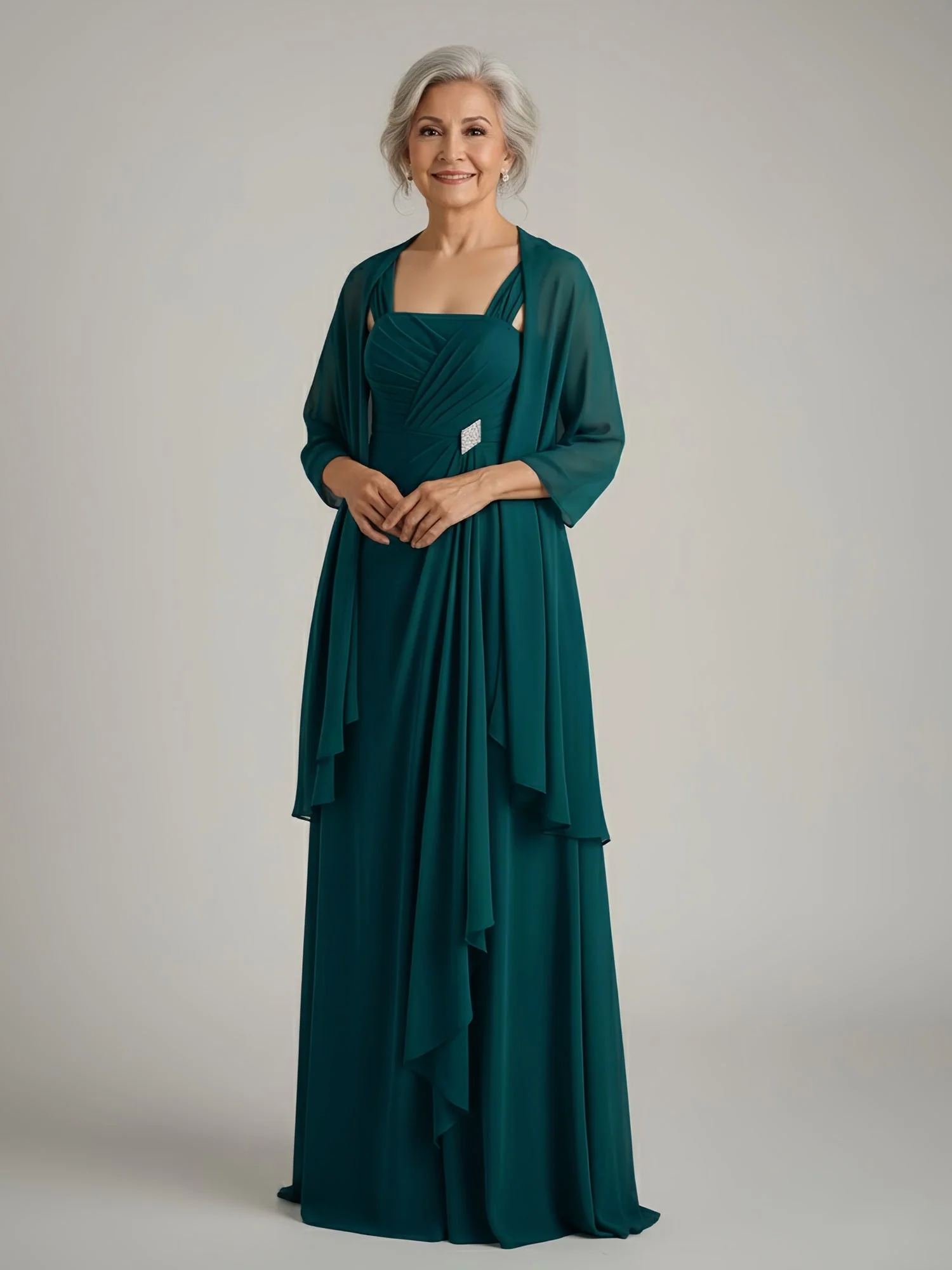 Ruched Bodice Chiffon Gown with Coordinating Shawl Fuchsia