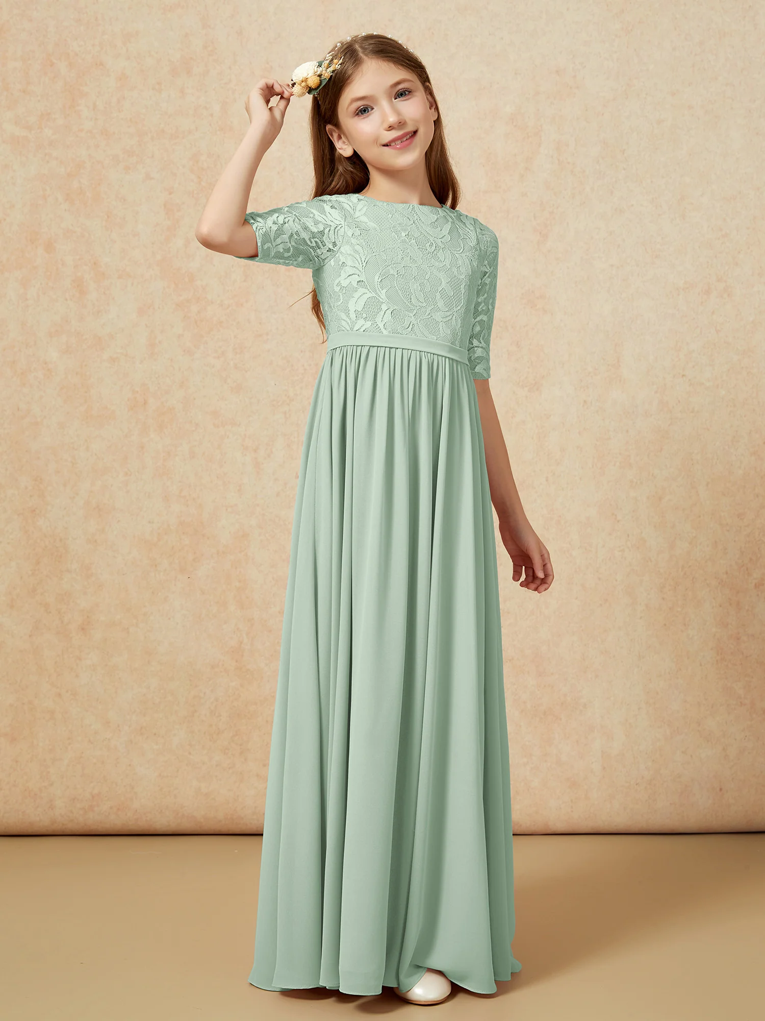 Half Sleeve Lace Top Chiffon Junior Bridesmaid Dresses Agave - Image 3