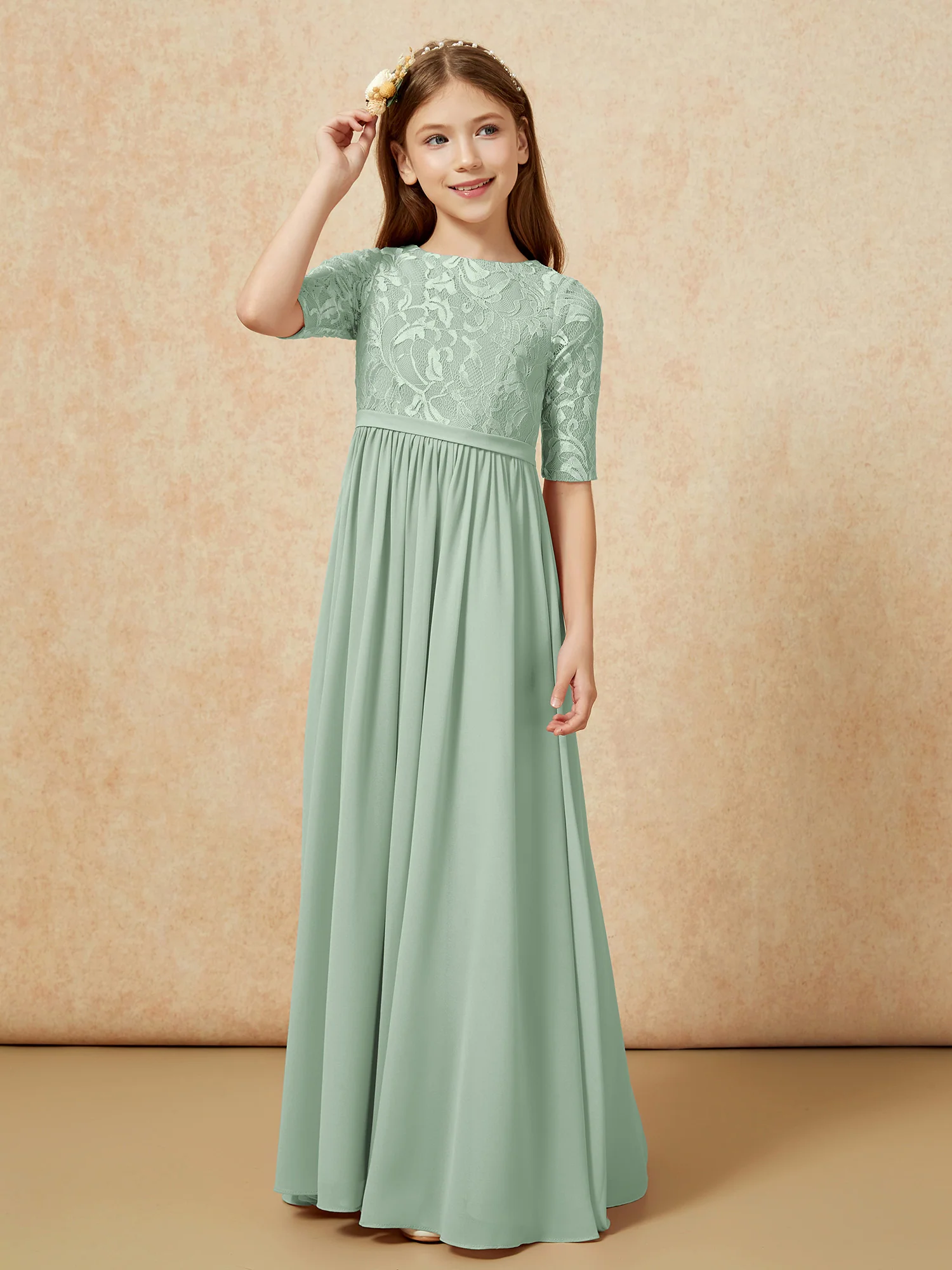 Half Sleeve Lace Top Chiffon Junior Bridesmaid Dresses Agave - Image 5