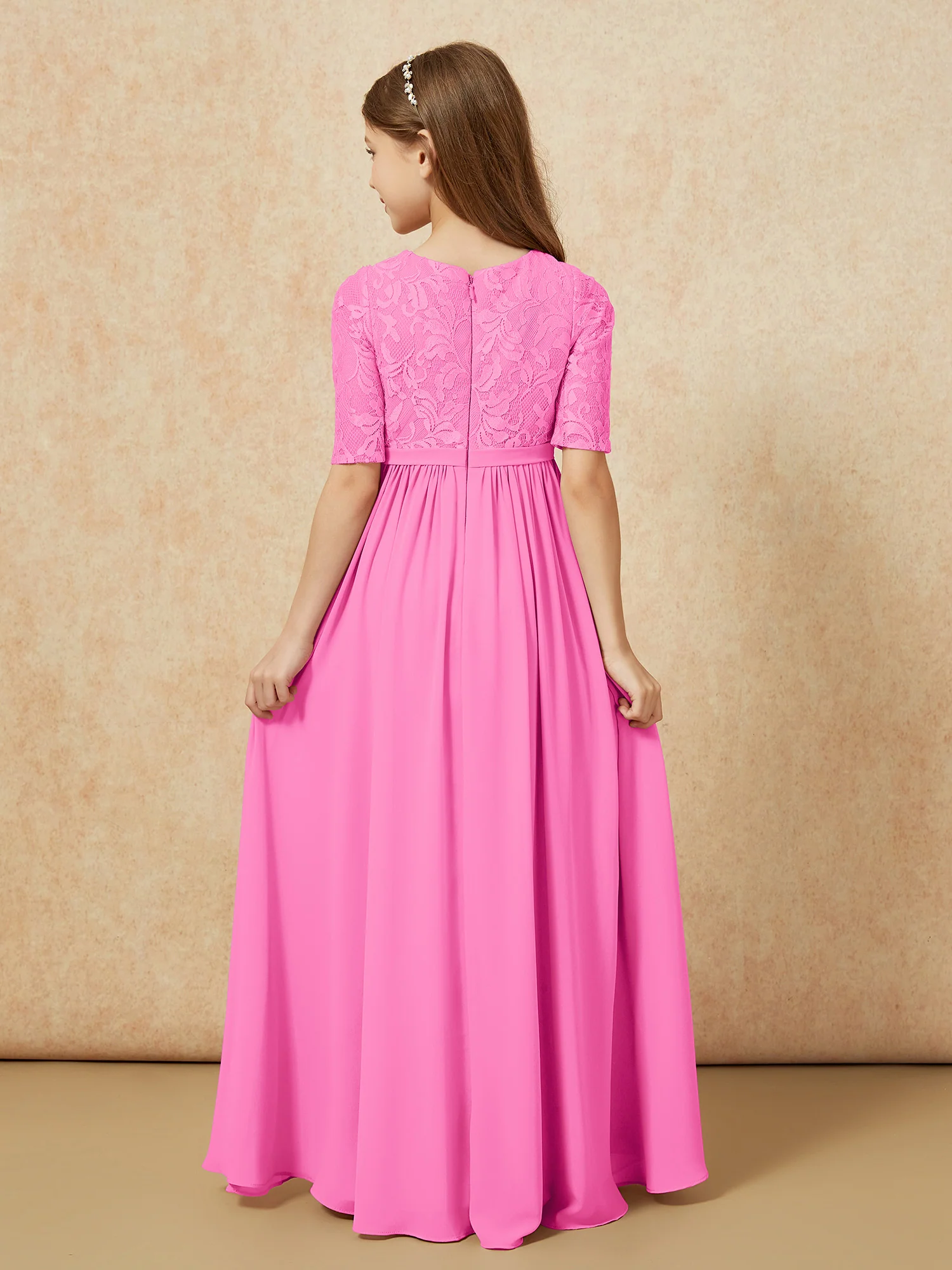 Half Sleeve Lace Top Chiffon Junior Bridesmaid Dresses Azalea - Image 2