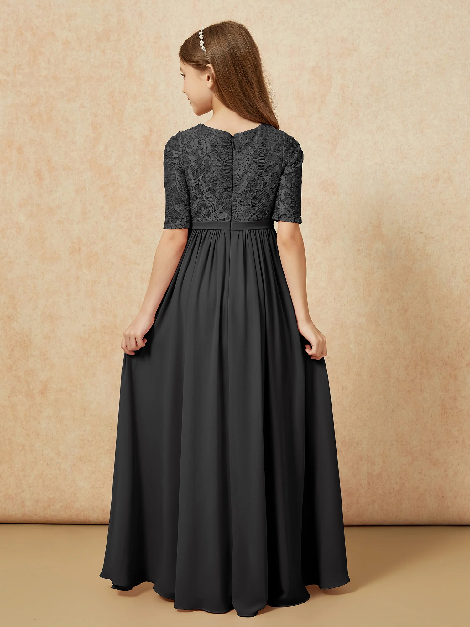 Half Sleeve Lace Top Chiffon Junior Bridesmaid Dresses Black - Image 2