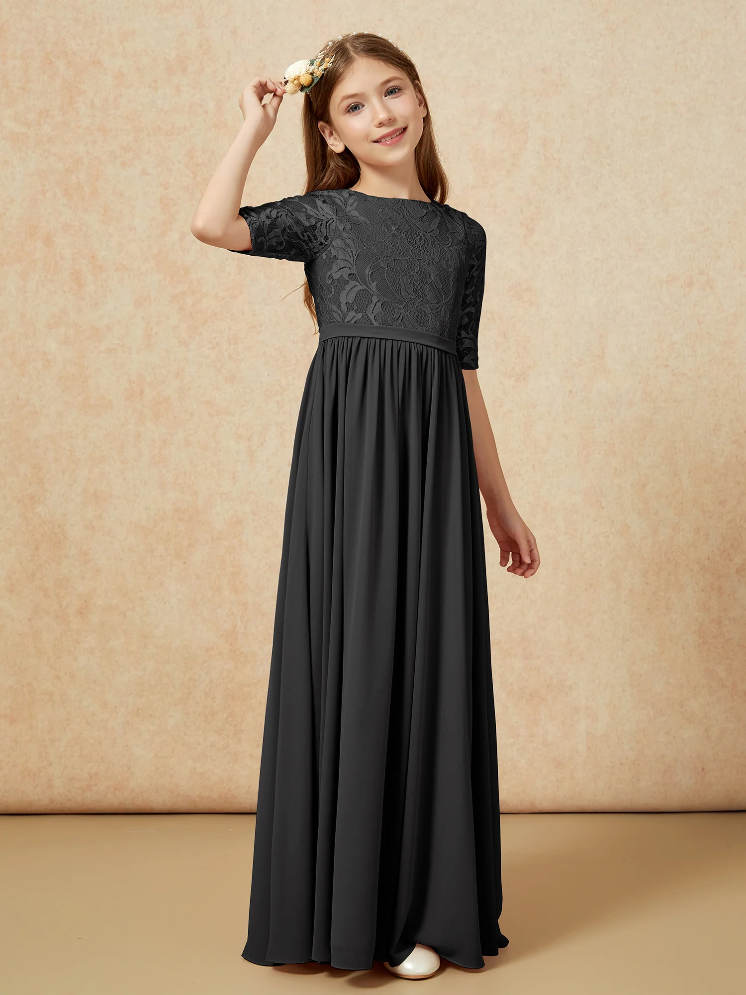 Half Sleeve Lace Top Chiffon Junior Bridesmaid Dresses Black - Image 3