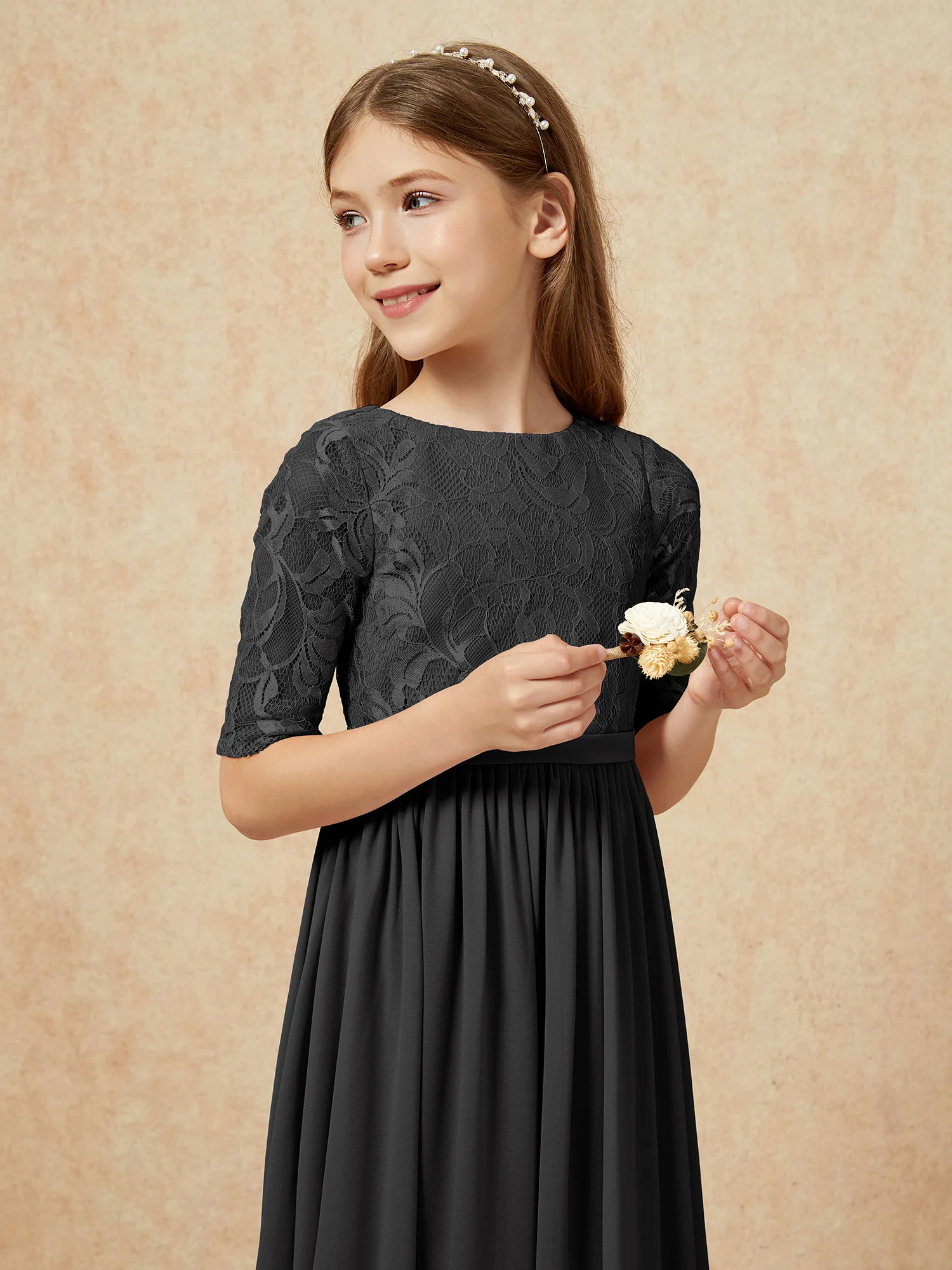 Half Sleeve Lace Top Chiffon Junior Bridesmaid Dresses Black - Image 6
