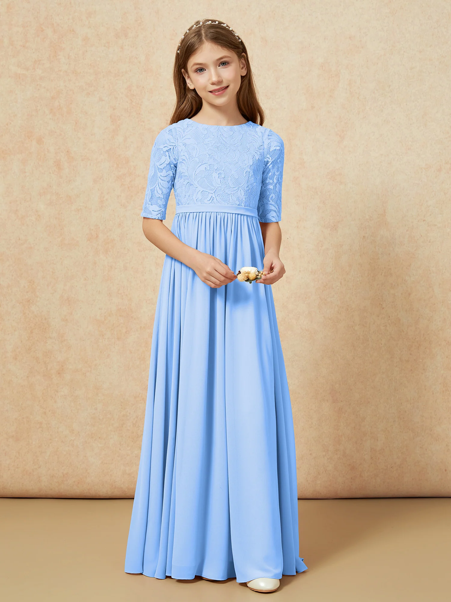 Half Sleeve Lace Top Chiffon Junior Bridesmaid Dresses Blue - Image 4