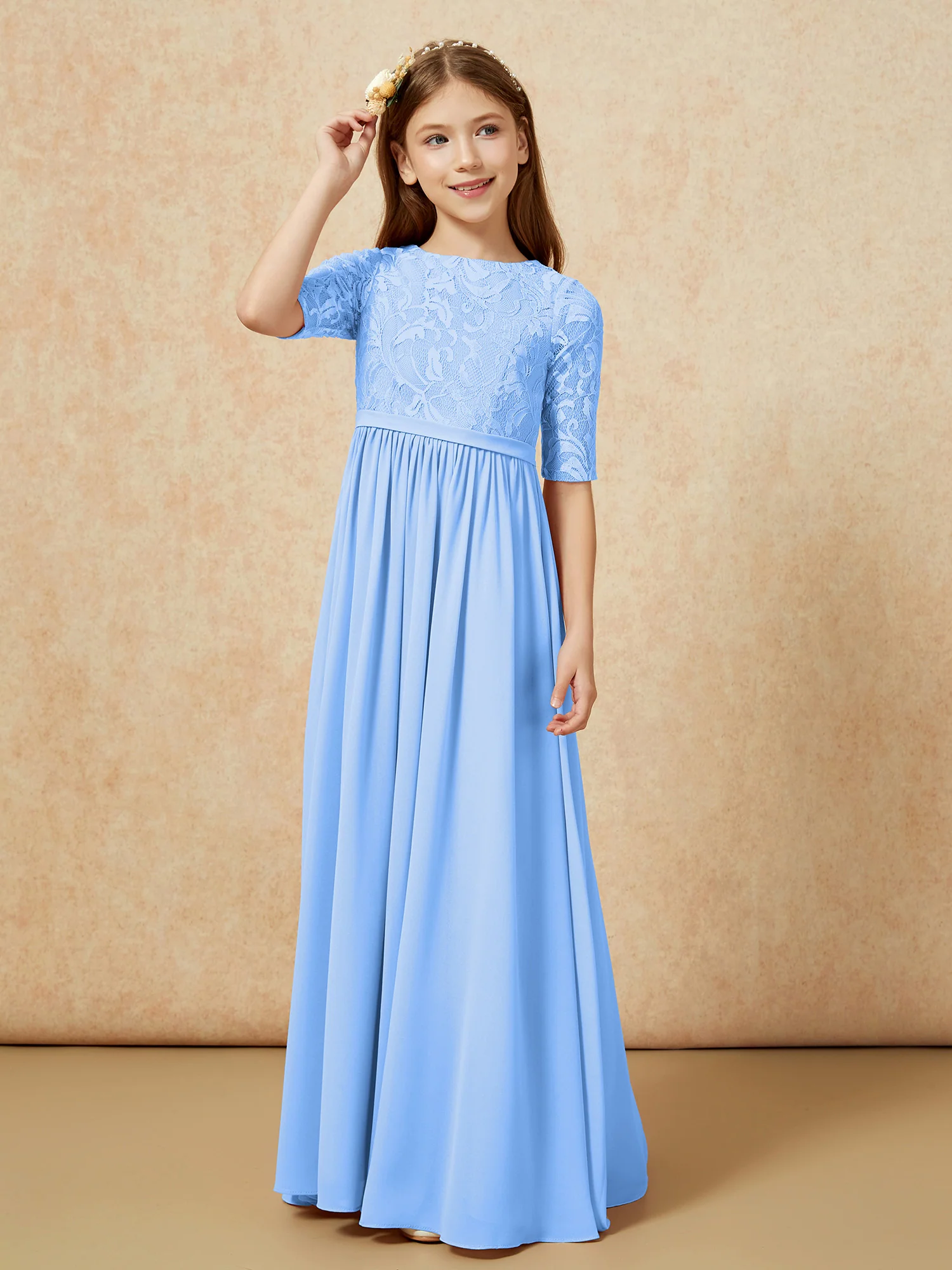 Half Sleeve Lace Top Chiffon Junior Bridesmaid Dresses Blue - Image 5