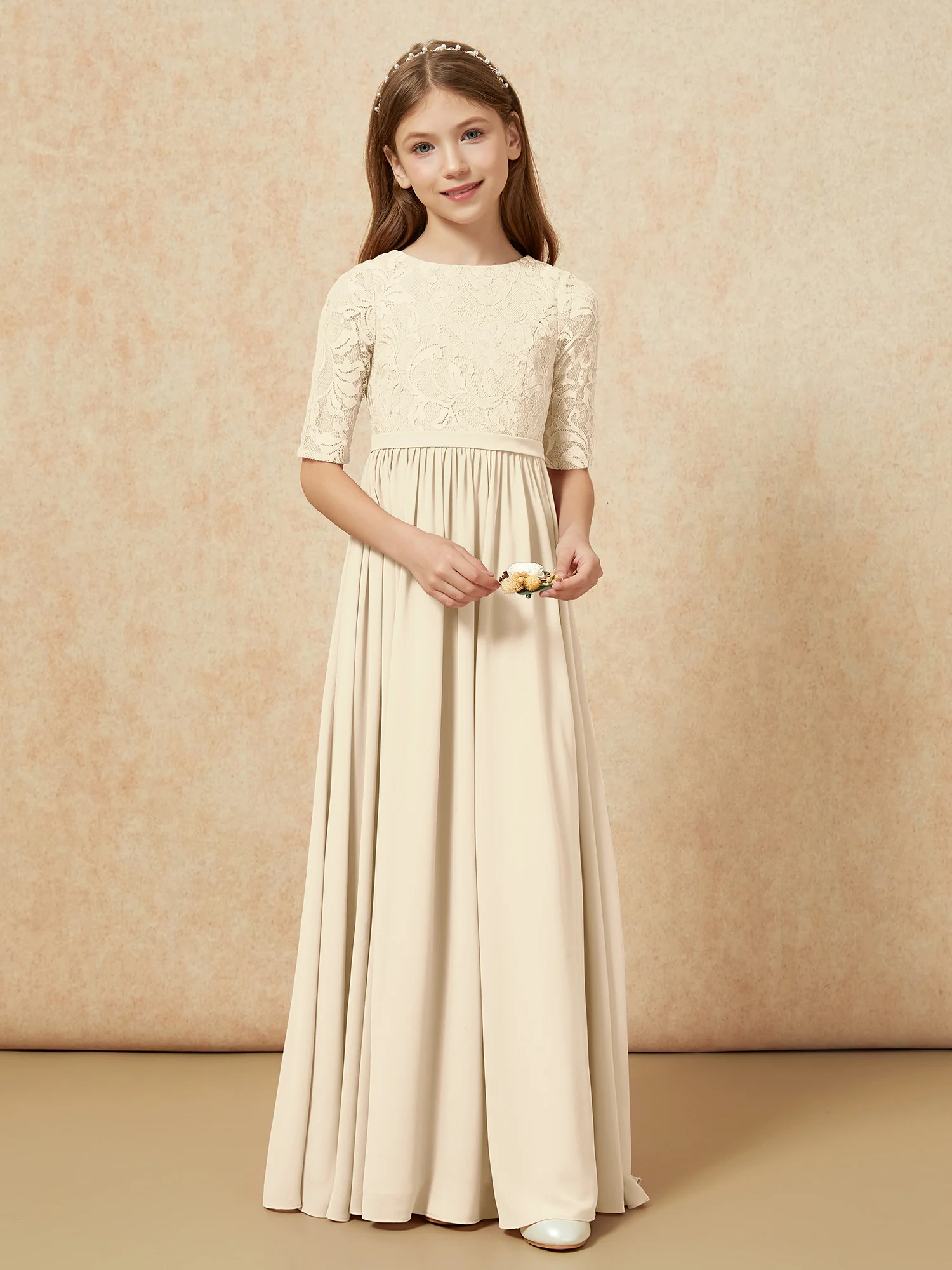 Half Sleeve Lace Top Chiffon Junior Bridesmaid Dresses Champagne - Image 4