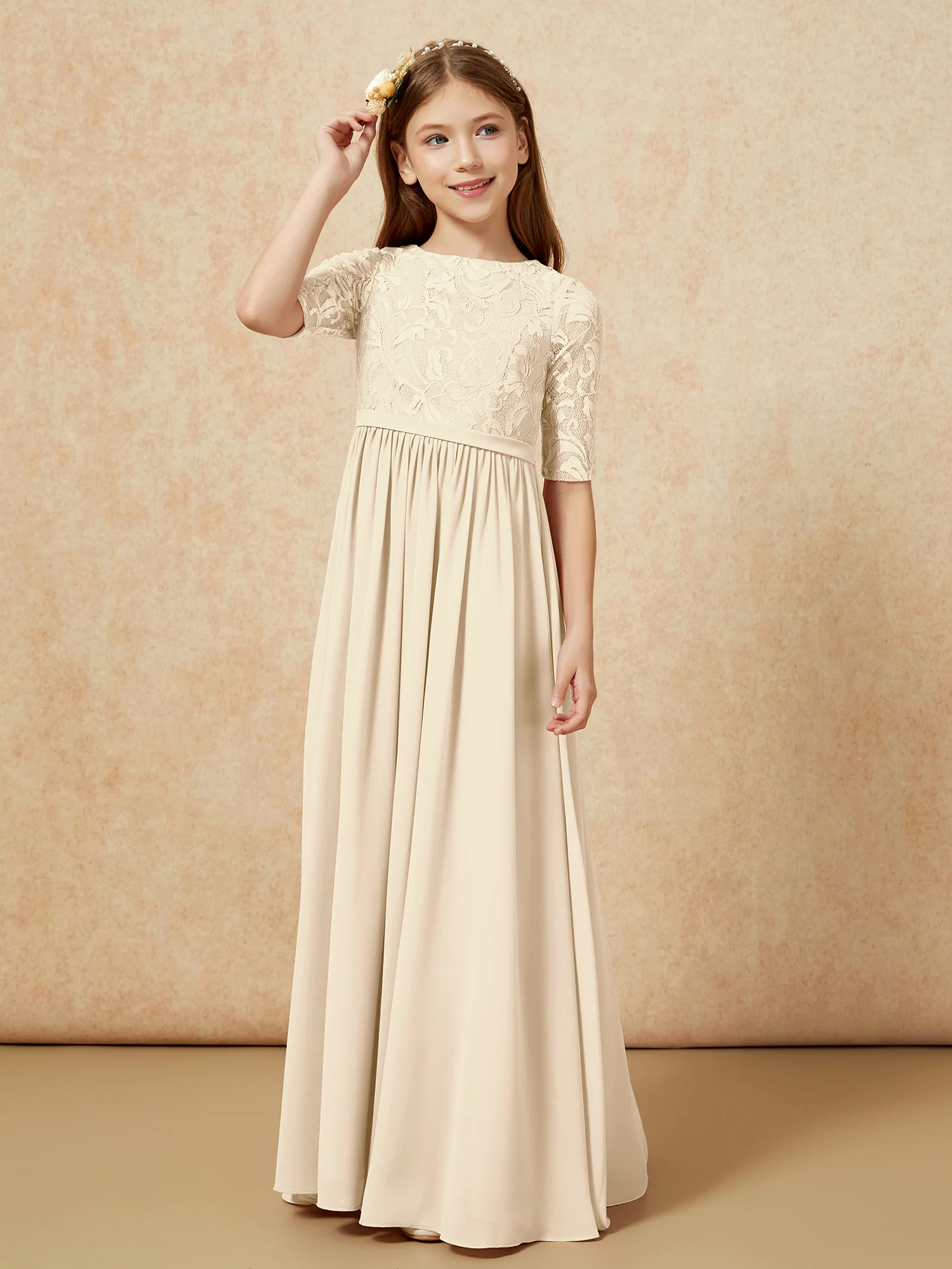 Half Sleeve Lace Top Chiffon Junior Bridesmaid Dresses Champagne - Image 5