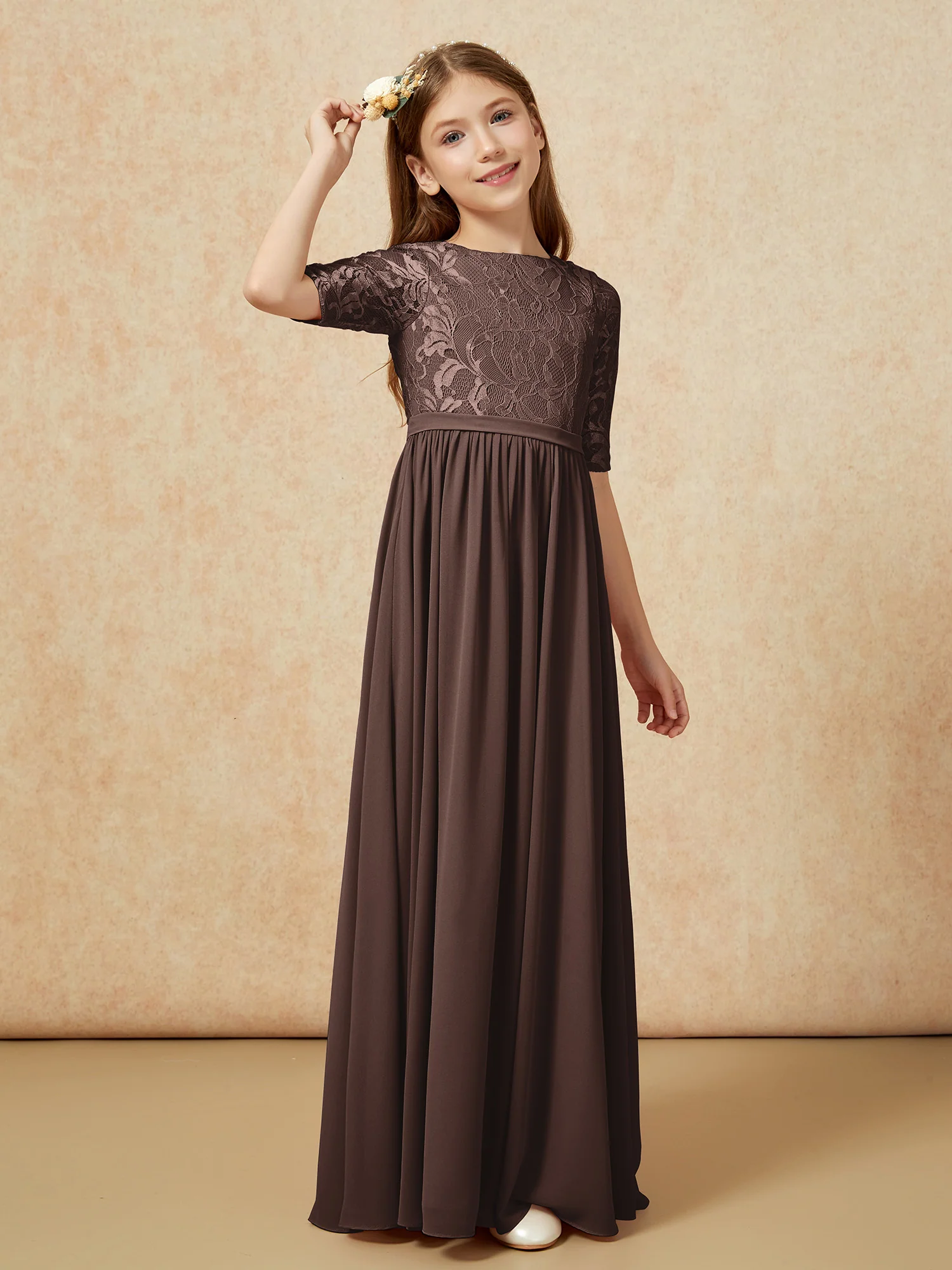 Half Sleeve Lace Top Chiffon Junior Bridesmaid Dresses Chocolate - Image 3