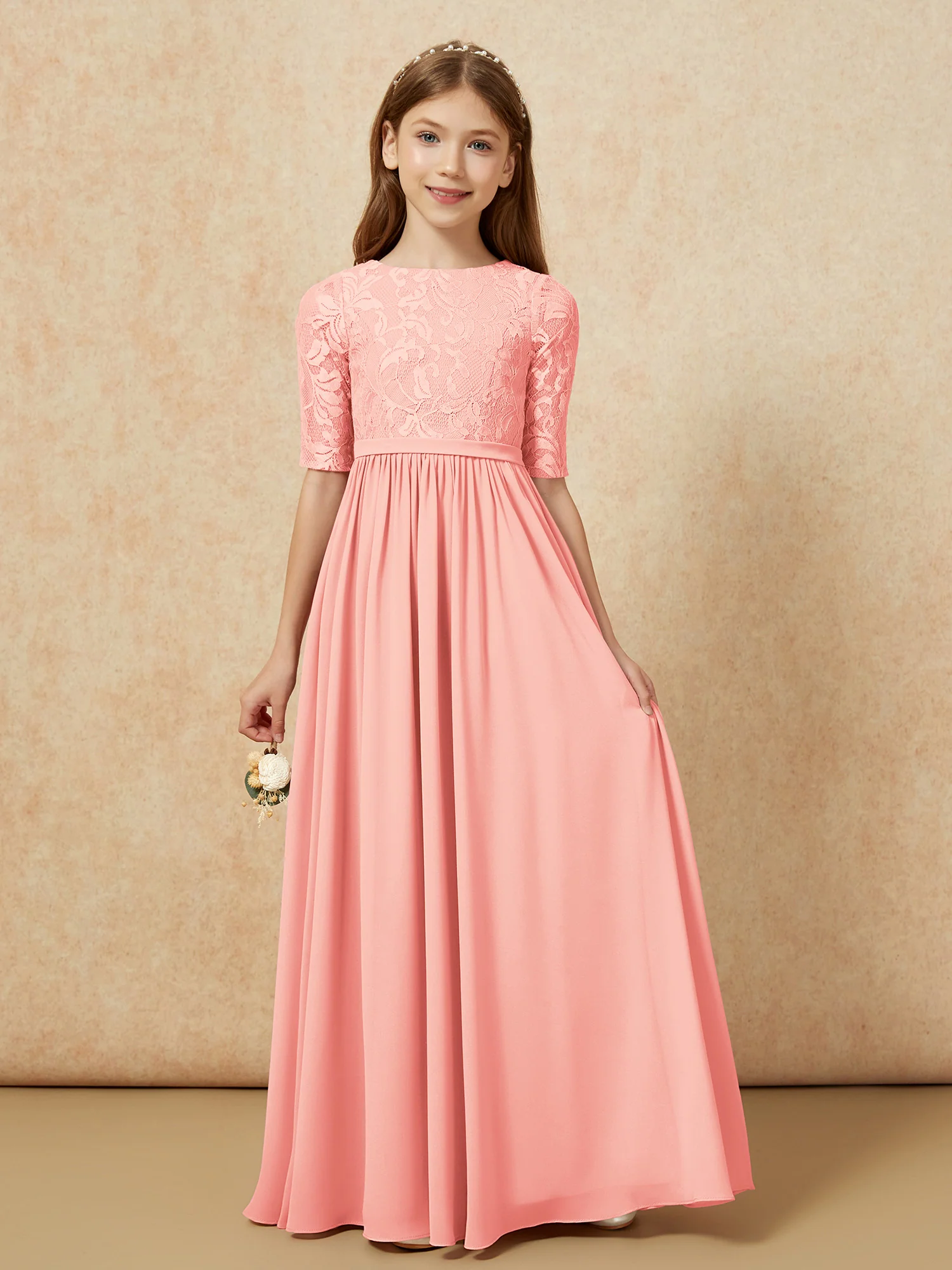 Half Sleeve Lace Top Chiffon Junior Bridesmaid Dresses Coral