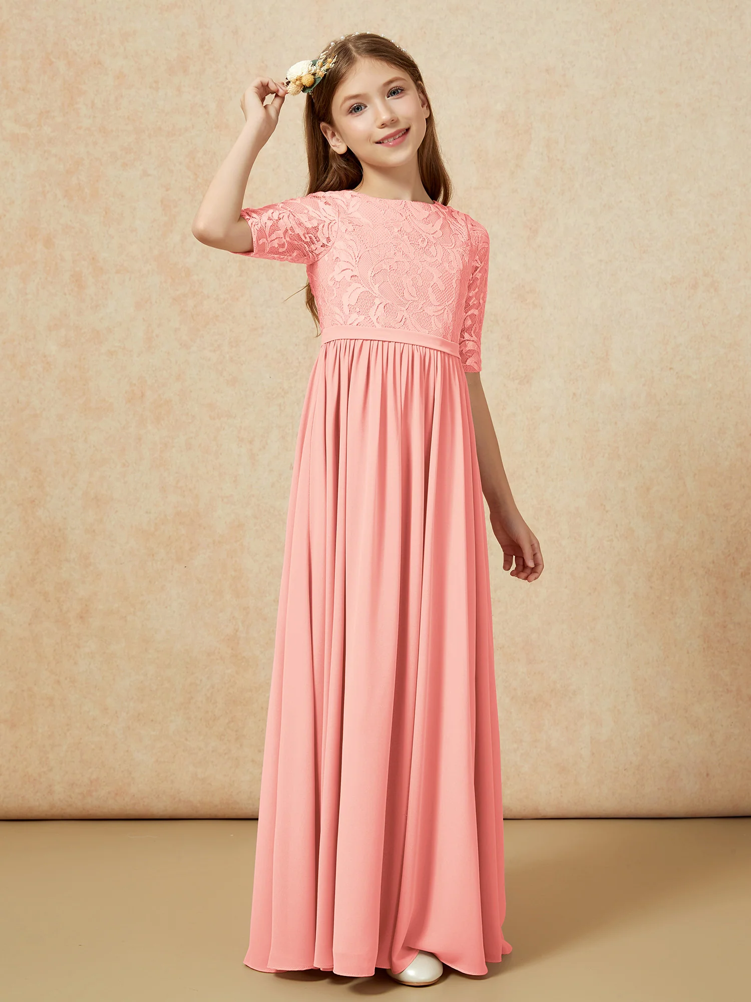 Half Sleeve Lace Top Chiffon Junior Bridesmaid Dresses Coral - Image 3