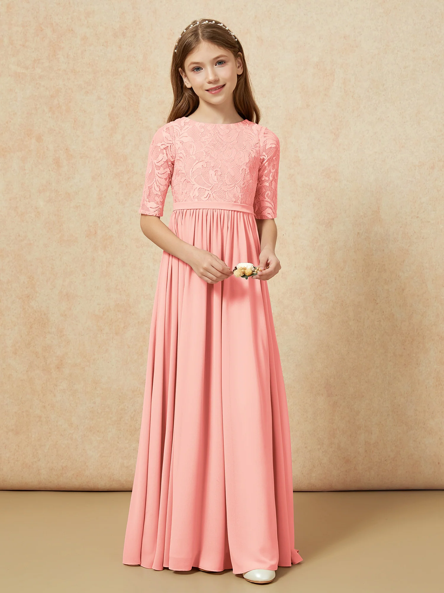 Half Sleeve Lace Top Chiffon Junior Bridesmaid Dresses Coral - Image 4