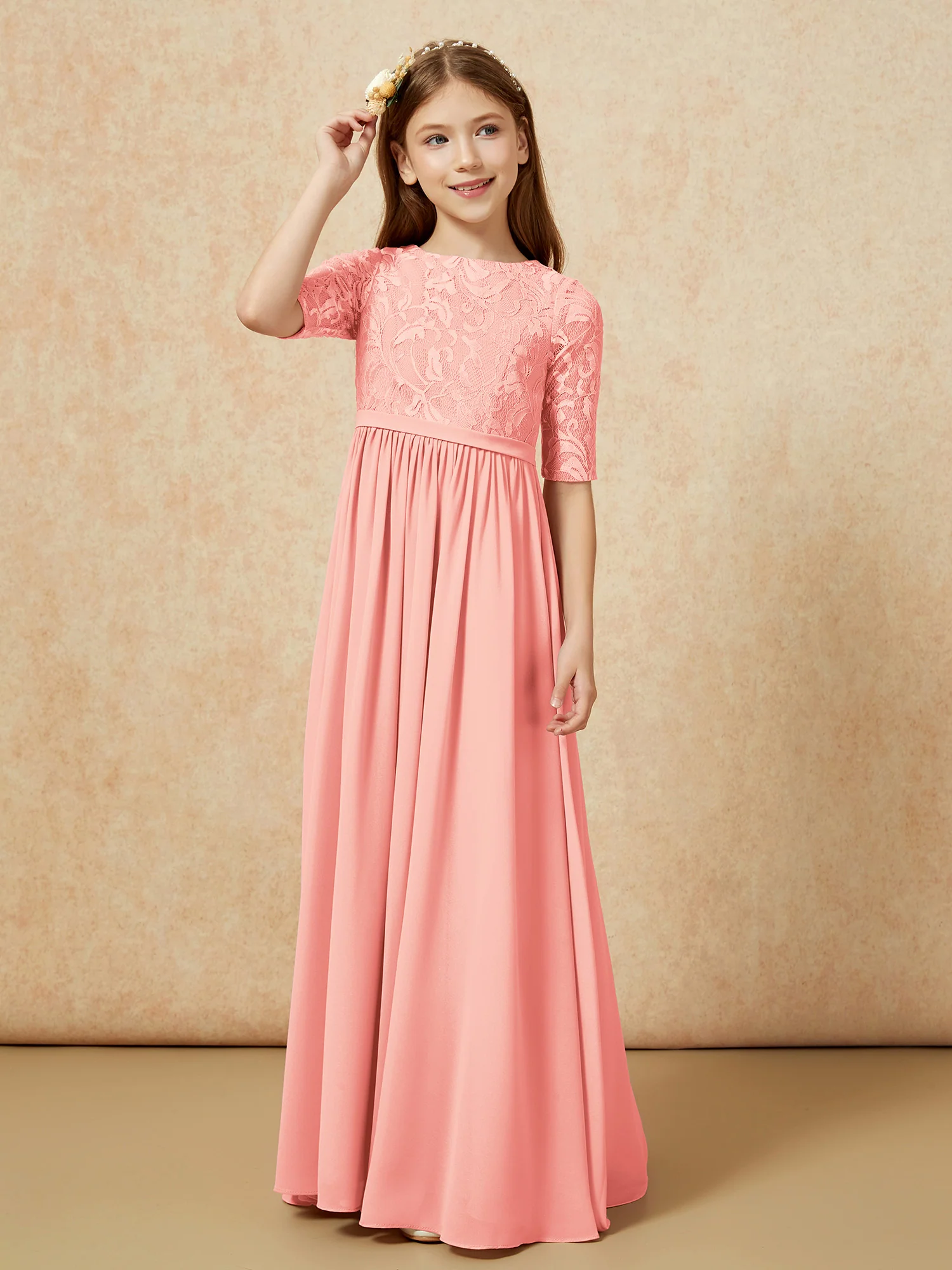 Half Sleeve Lace Top Chiffon Junior Bridesmaid Dresses Coral - Image 5
