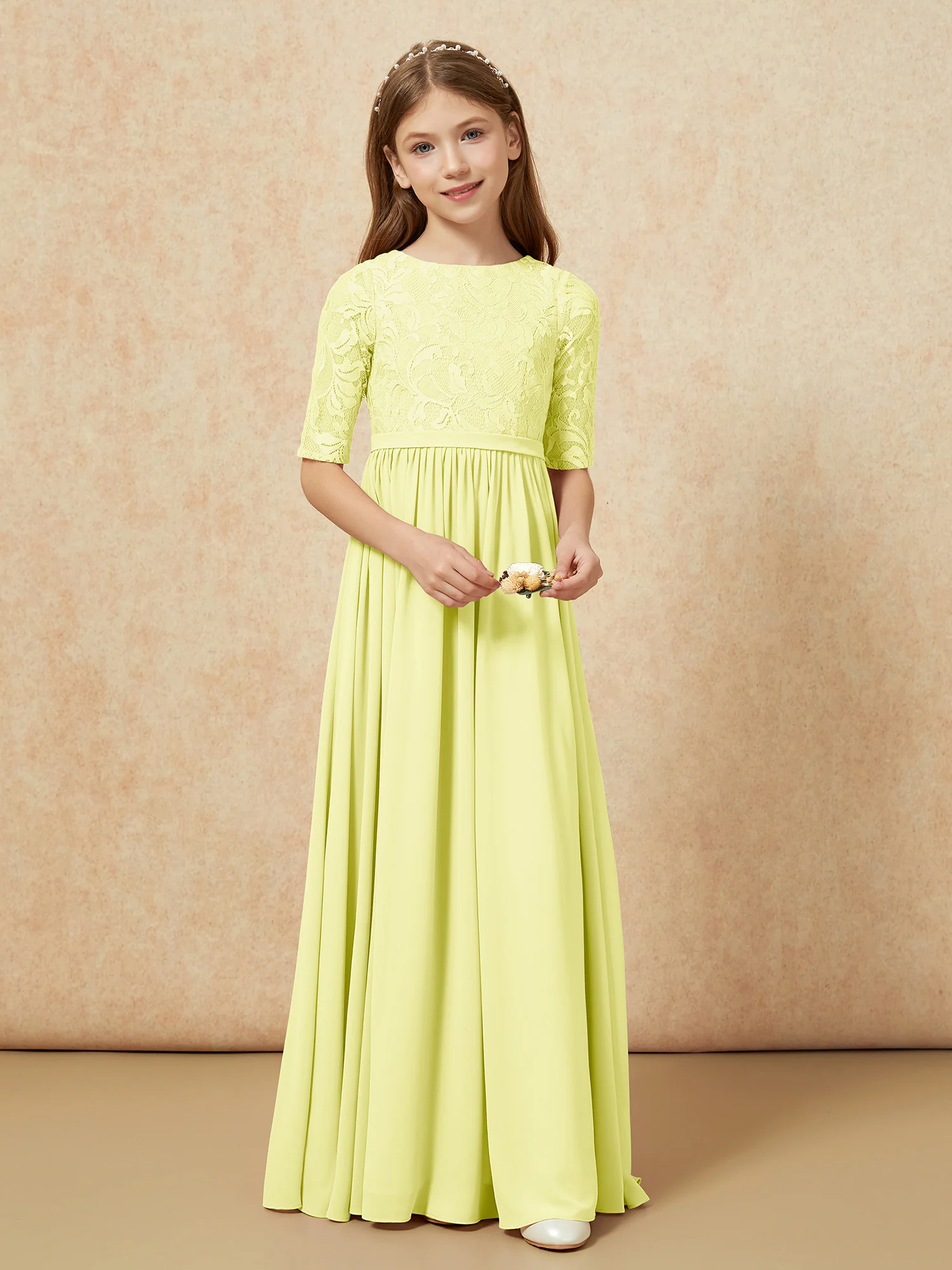 Half Sleeve Lace Top Chiffon Junior Bridesmaid Dresses Daffodil - Image 4