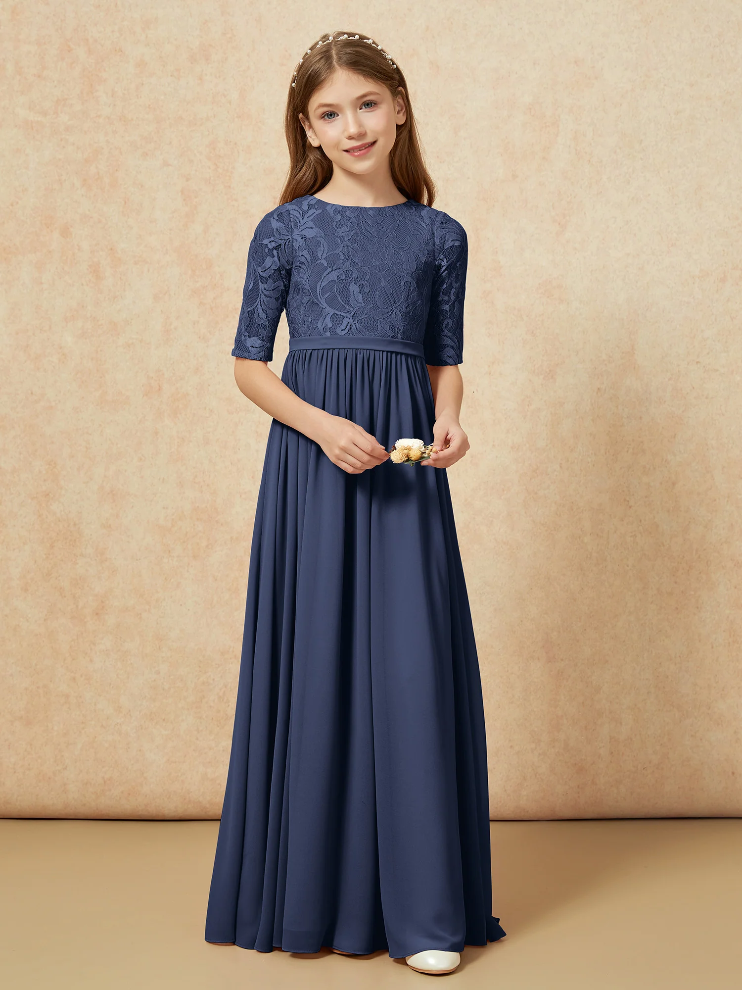 Half Sleeve Lace Top Chiffon Junior Bridesmaid Dresses Dark Navy - Image 4