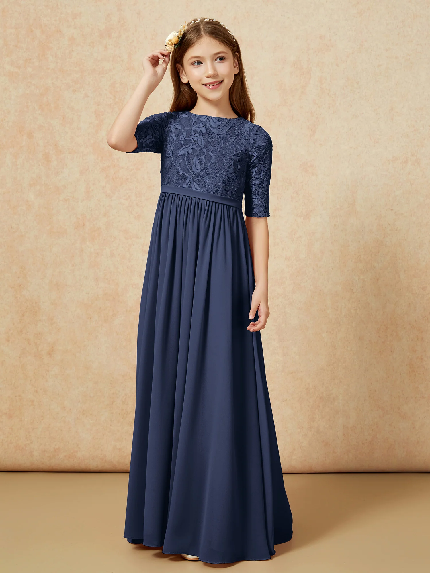Half Sleeve Lace Top Chiffon Junior Bridesmaid Dresses Dark Navy - Image 5