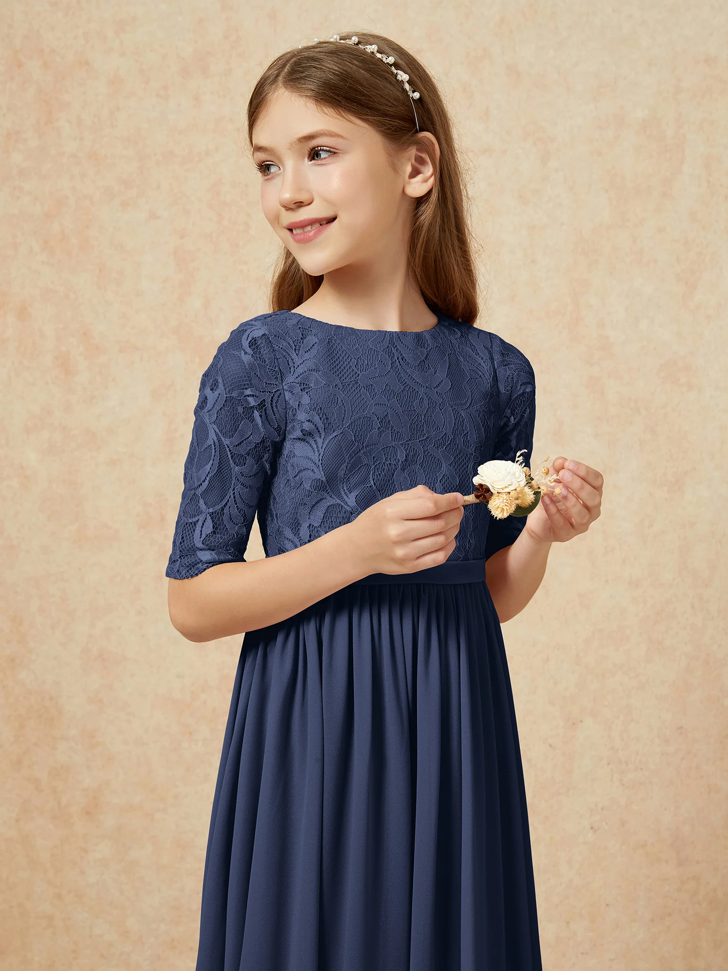 Half Sleeve Lace Top Chiffon Junior Bridesmaid Dresses Dark Navy - Image 6