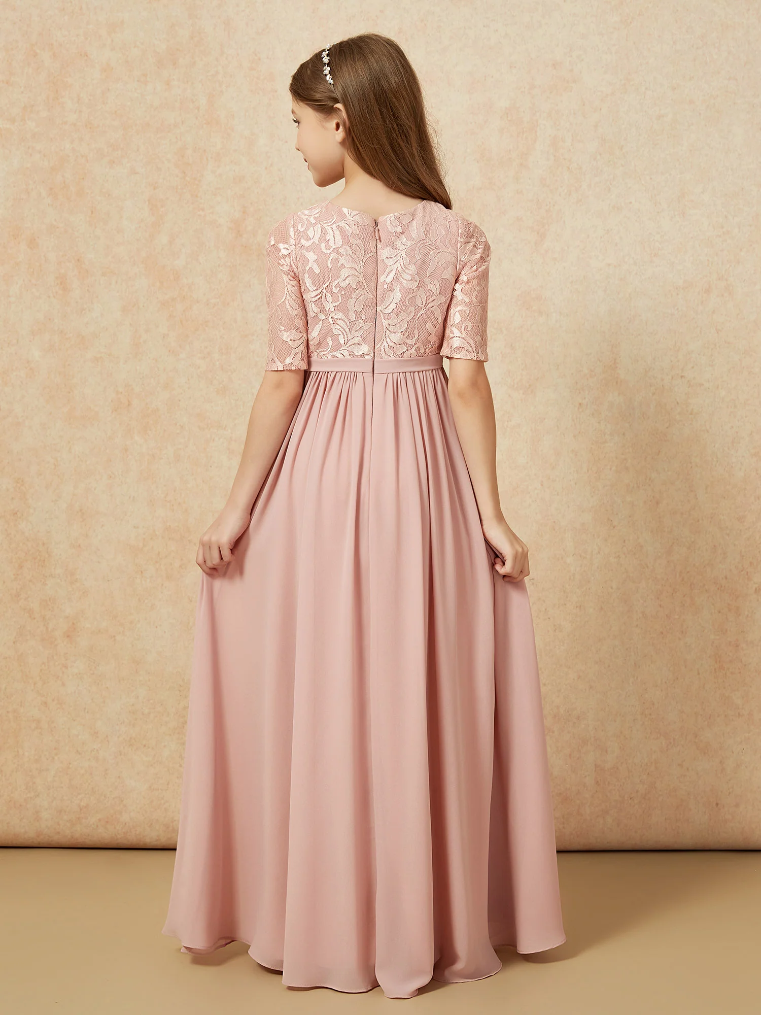 Half Sleeve Lace Top Chiffon Junior Bridesmaid Dresses Dusty Rose - Image 2