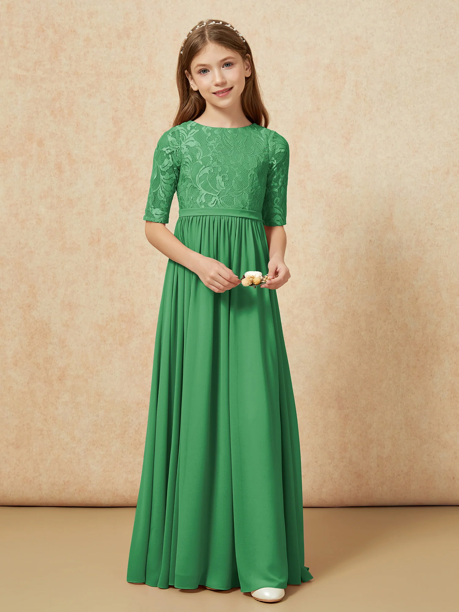 Half Sleeve Lace Top Chiffon Junior Bridesmaid Dresses Emerald - Image 4