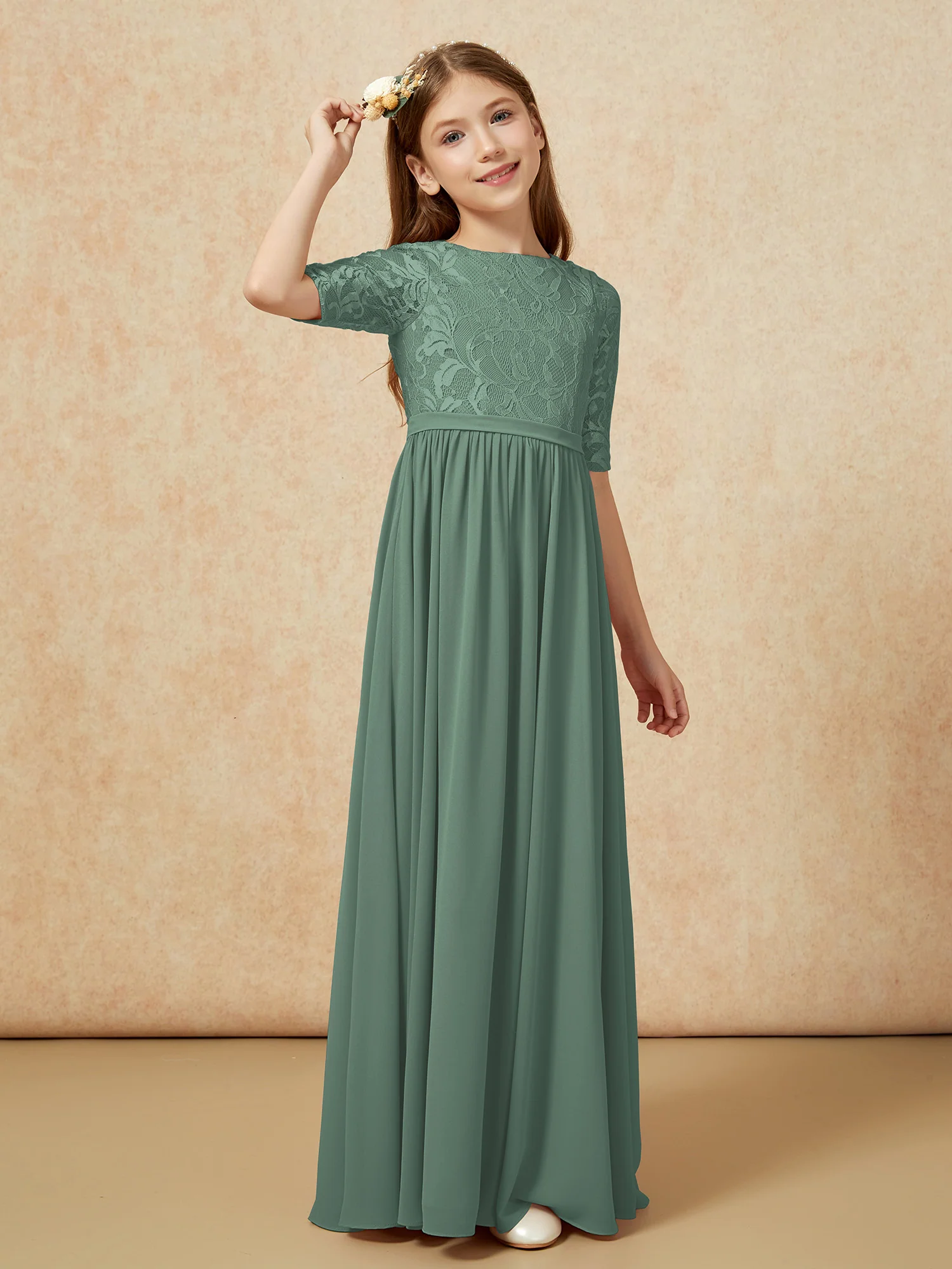 Half Sleeve Lace Top Chiffon Junior Bridesmaid Dresses Eucalyptus - Image 3