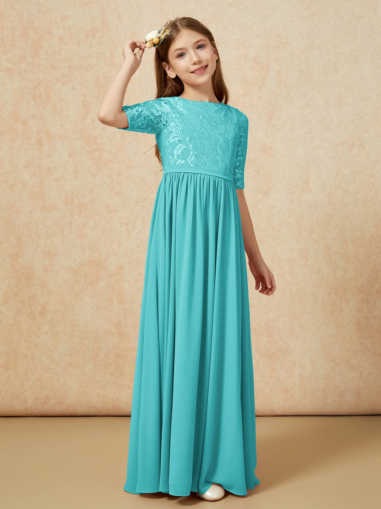 Half Sleeve Lace Top Chiffon Junior Bridesmaid Dresses Jade - Image 3