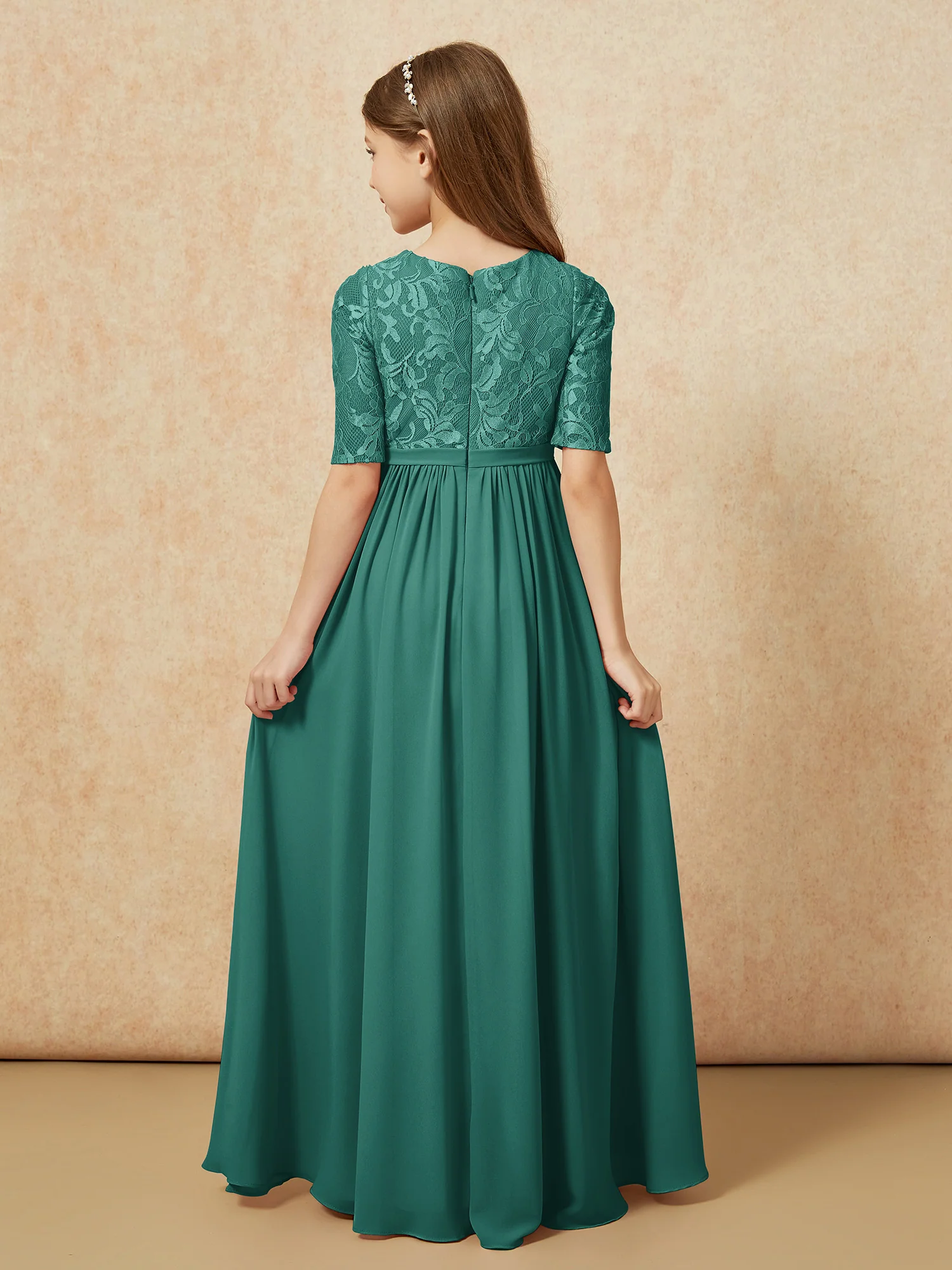 Half Sleeve Lace Top Chiffon Junior Bridesmaid Dresses Peacock - Image 2