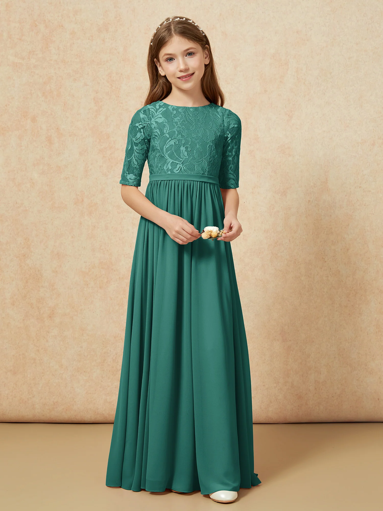 Half Sleeve Lace Top Chiffon Junior Bridesmaid Dresses Peacock - Image 4