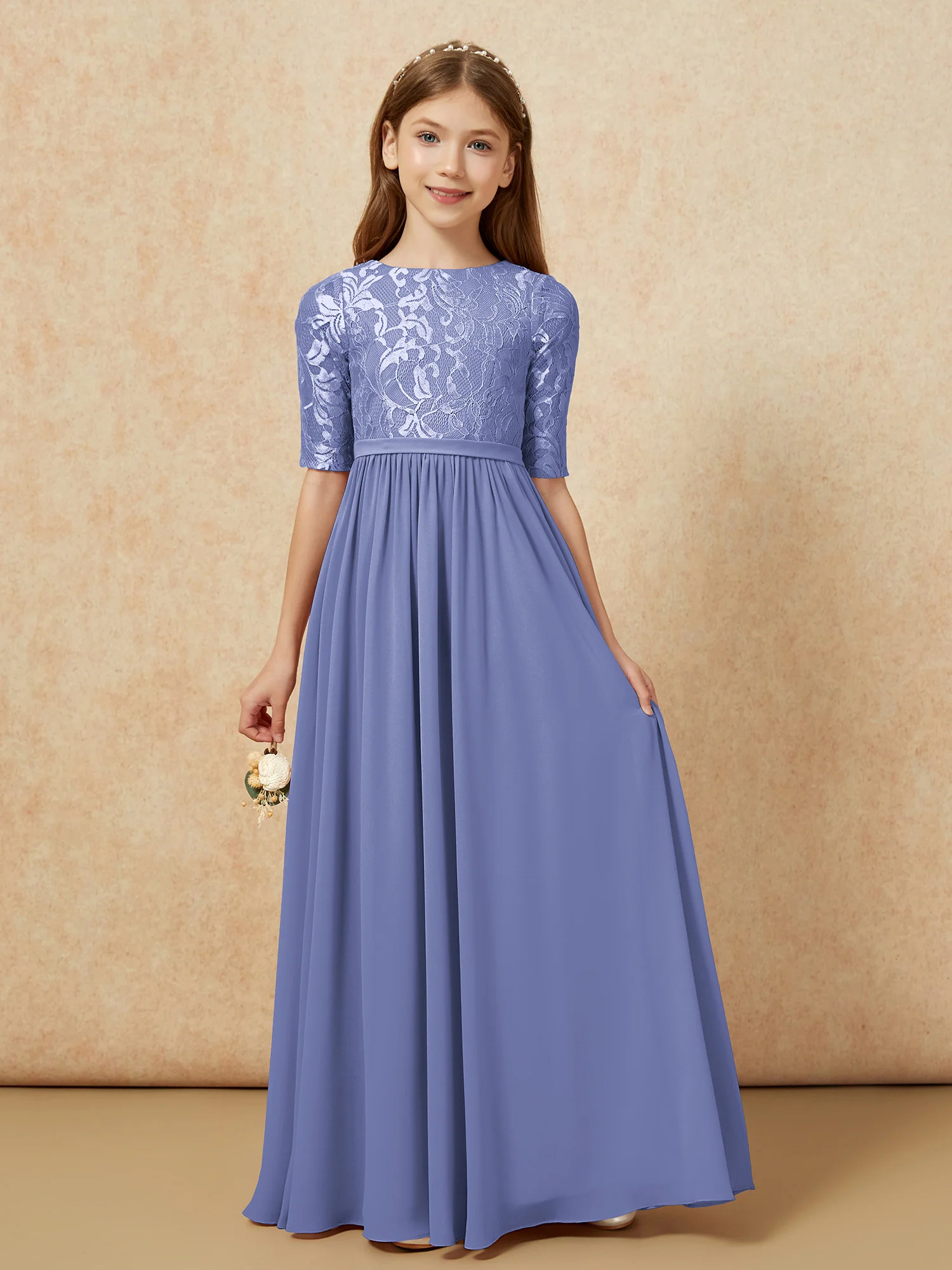 Half Sleeve Lace Top Chiffon Junior Bridesmaid Dresses Periwinkle