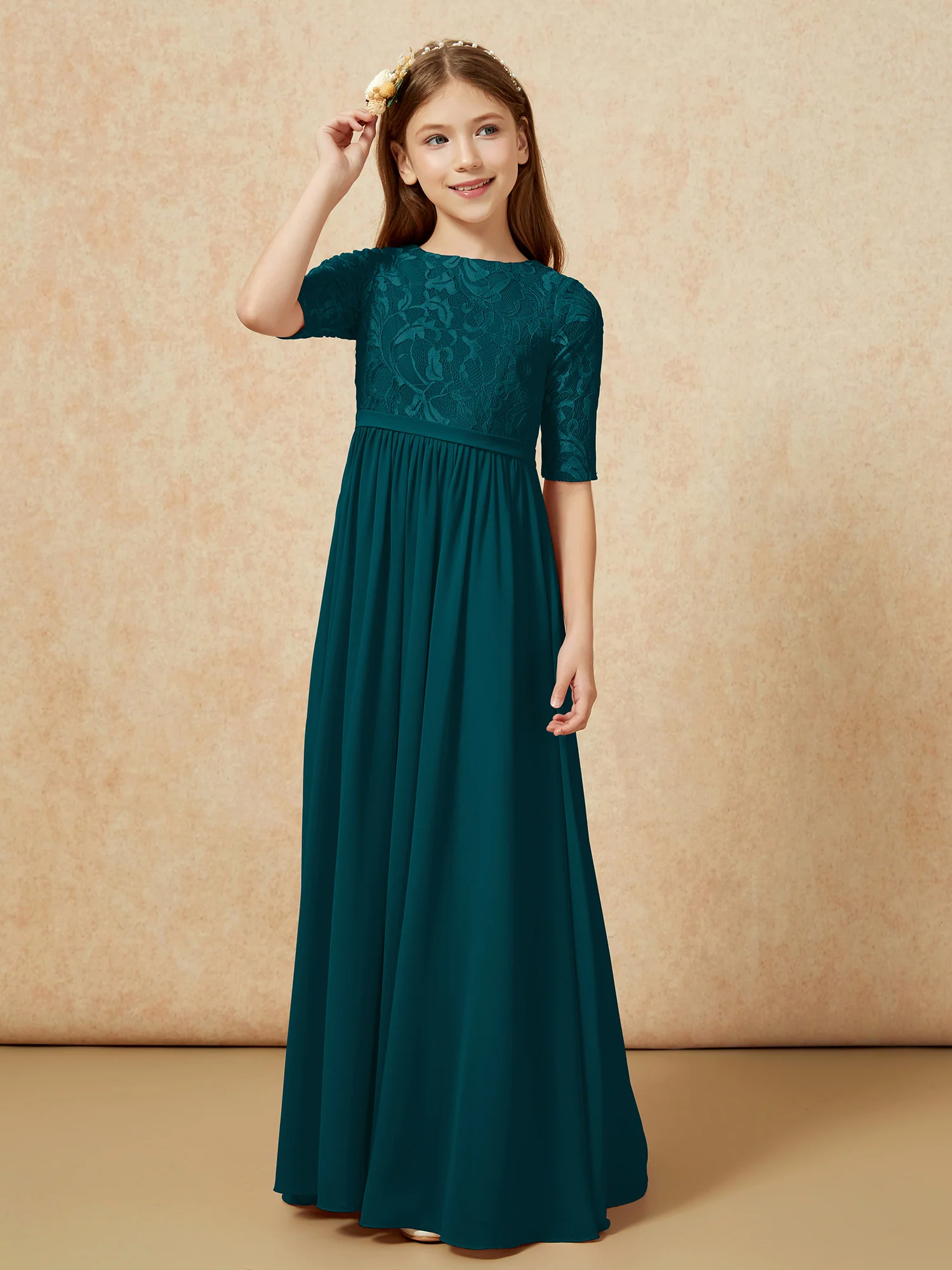 Half Sleeve Lace Top Chiffon Junior Bridesmaid Dresses Pine - Image 5