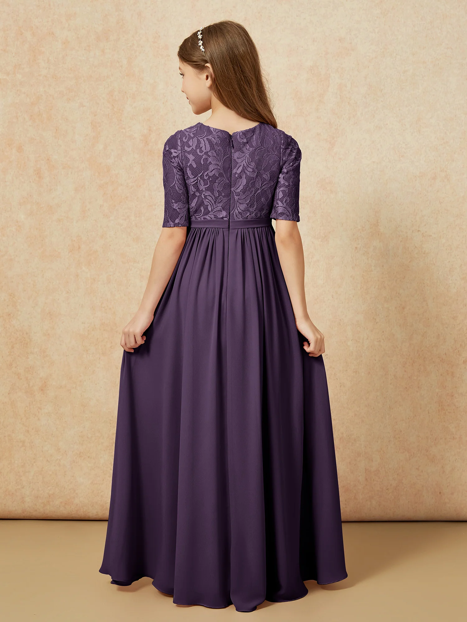 Half Sleeve Lace Top Chiffon Junior Bridesmaid Dresses Plum - Image 2
