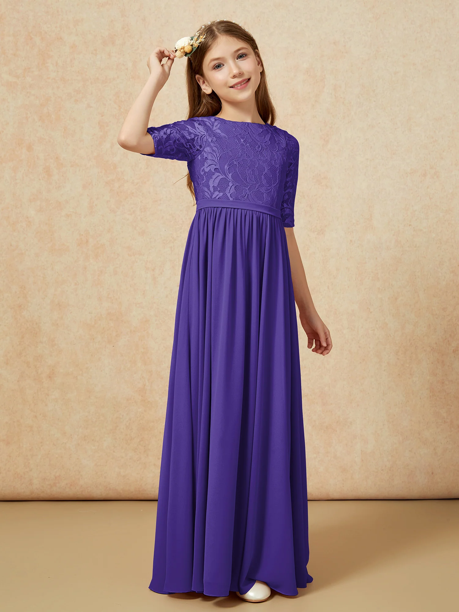 Half Sleeve Lace Top Chiffon Junior Bridesmaid Dresses Regency - Image 3