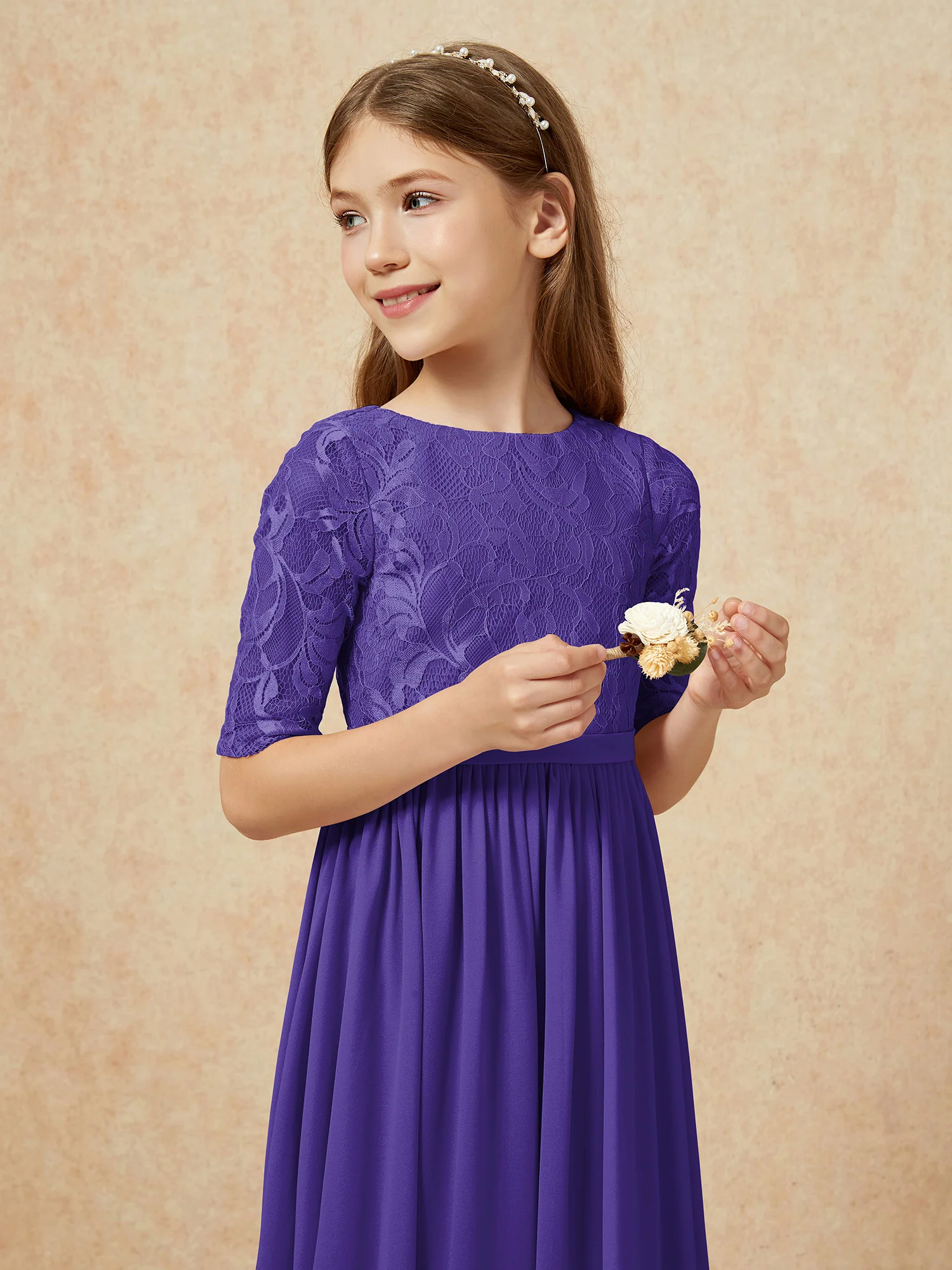 Half Sleeve Lace Top Chiffon Junior Bridesmaid Dresses Regency - Image 6