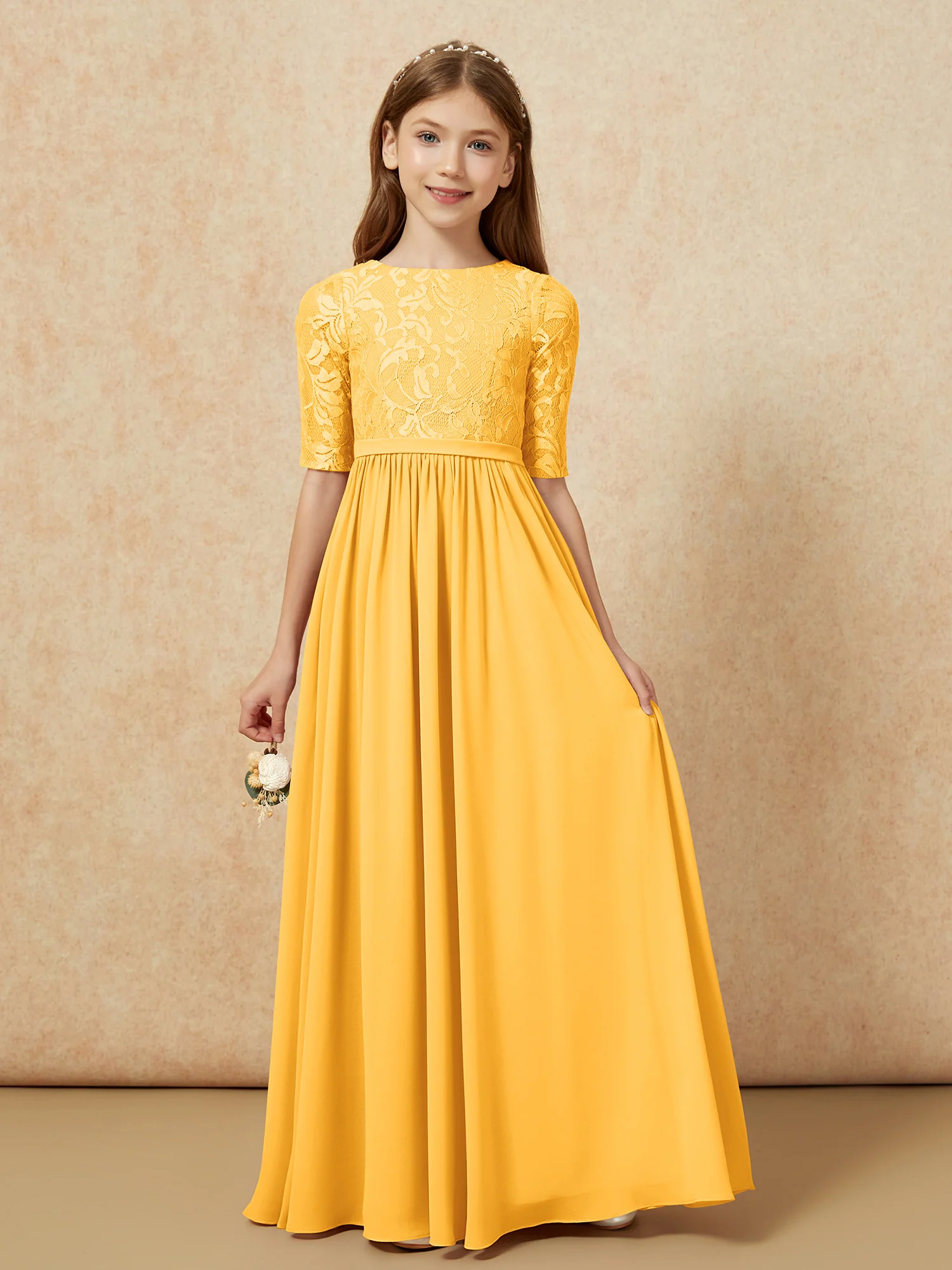 Half Sleeve Lace Top Chiffon Junior Bridesmaid Dresses Tangerine