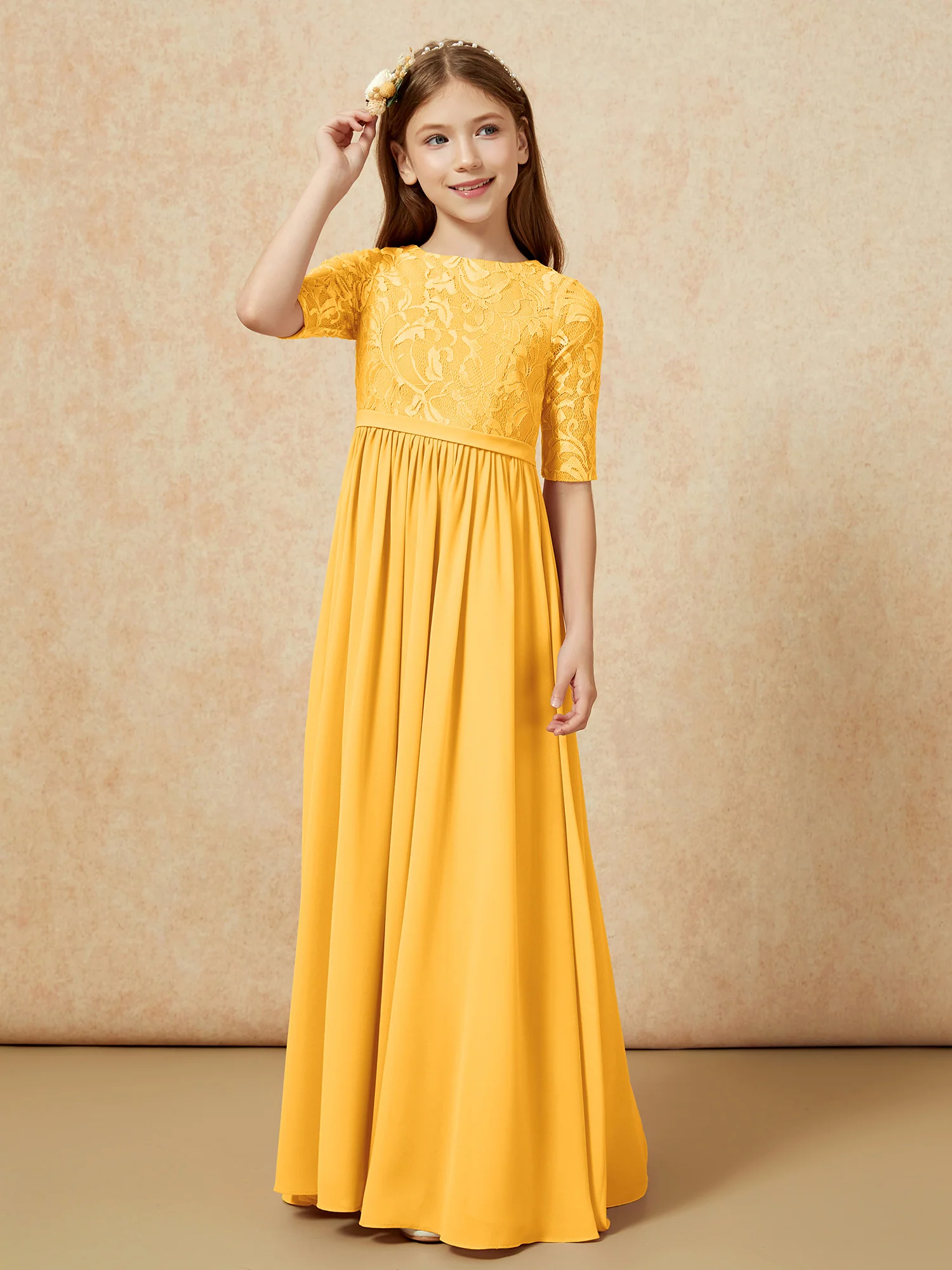 Half Sleeve Lace Top Chiffon Junior Bridesmaid Dresses Tangerine - Image 5