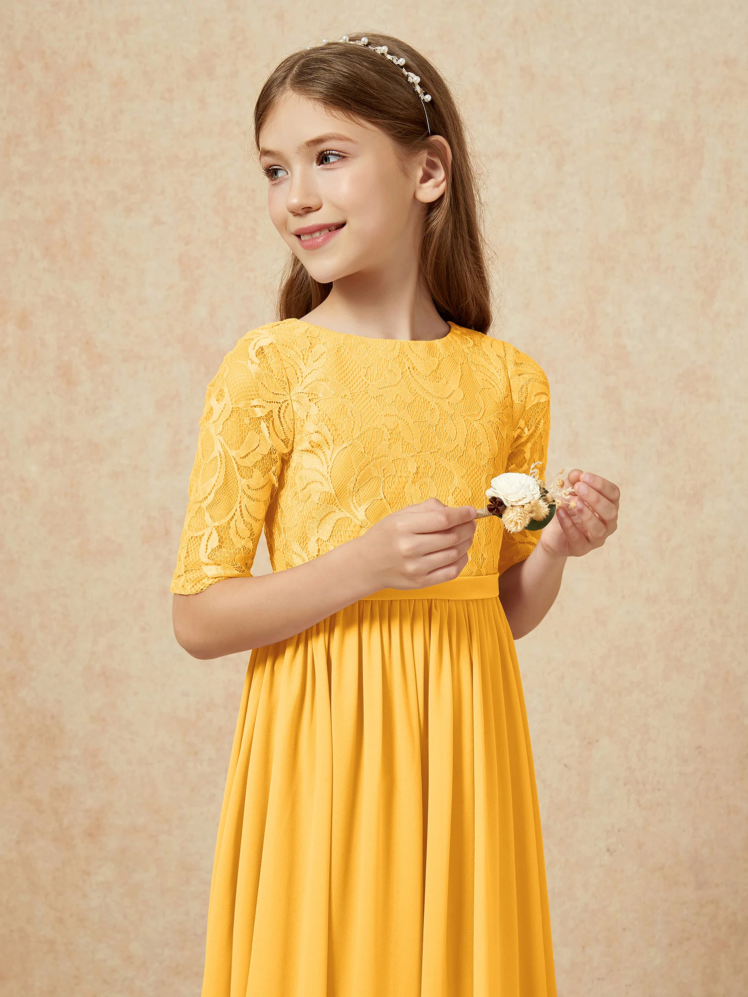 Half Sleeve Lace Top Chiffon Junior Bridesmaid Dresses Tangerine - Image 6